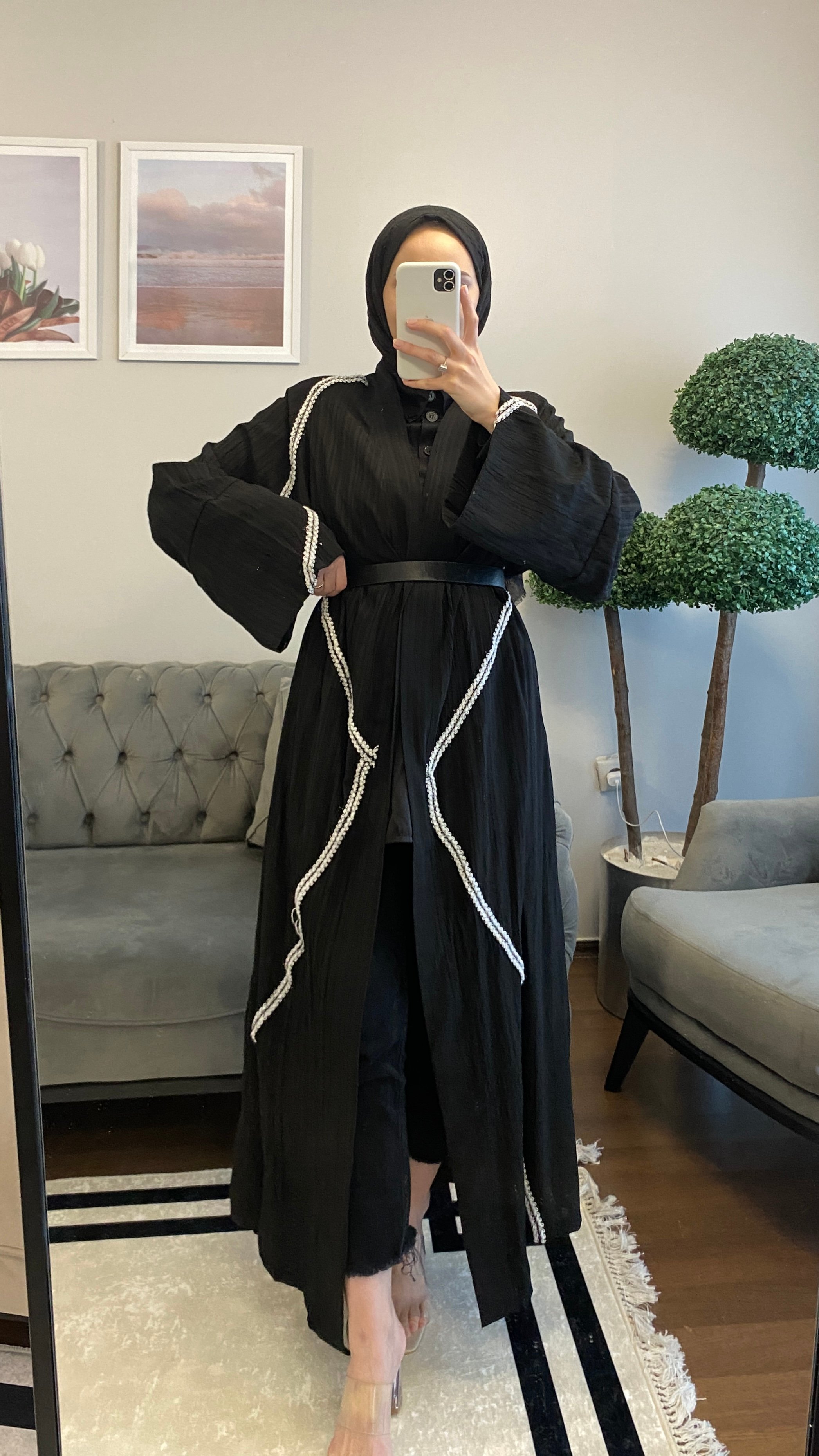 Black Linen Striped Abaya