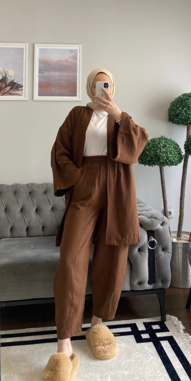 Brown Harem Pants Kimono Set