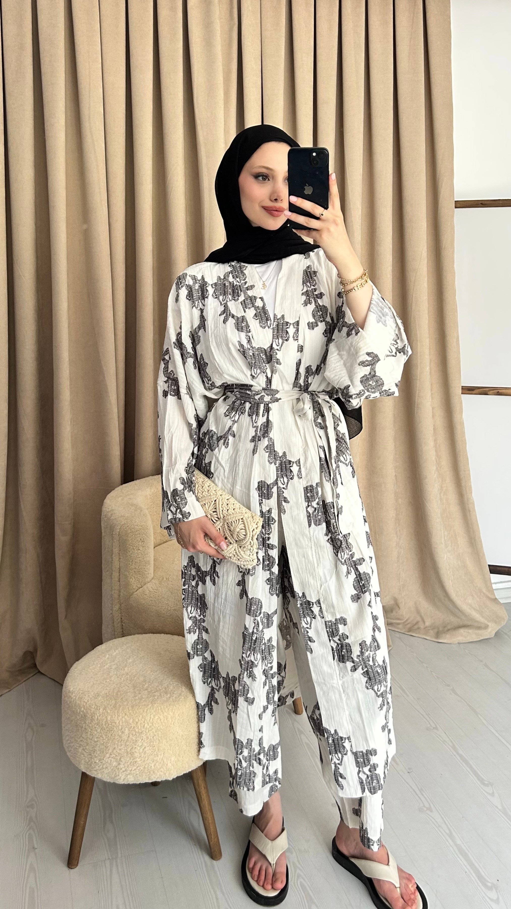 Alin Çiçekli Kimono Takım - Grey