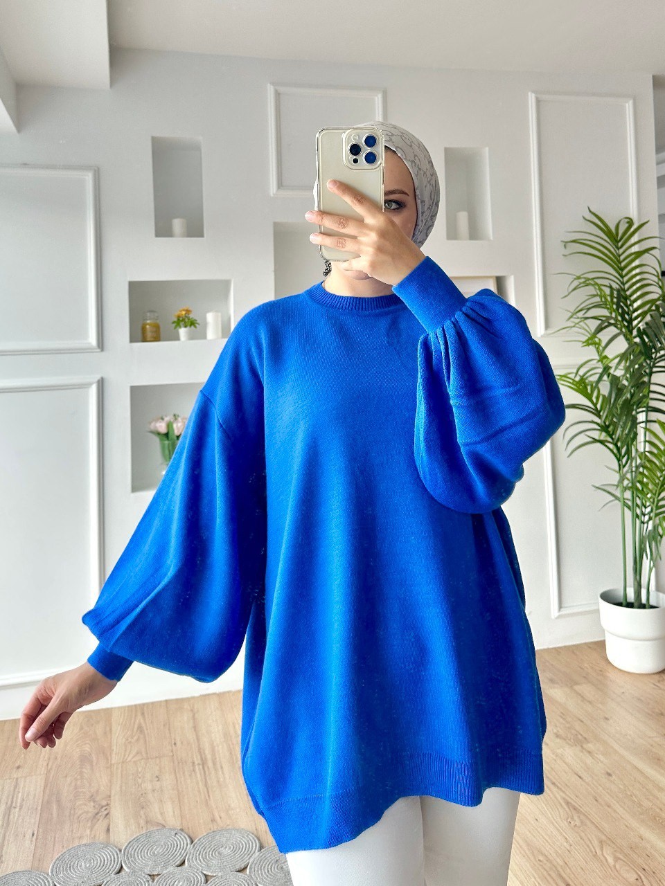 Bubble Sleeve Knit Sweater - Blue