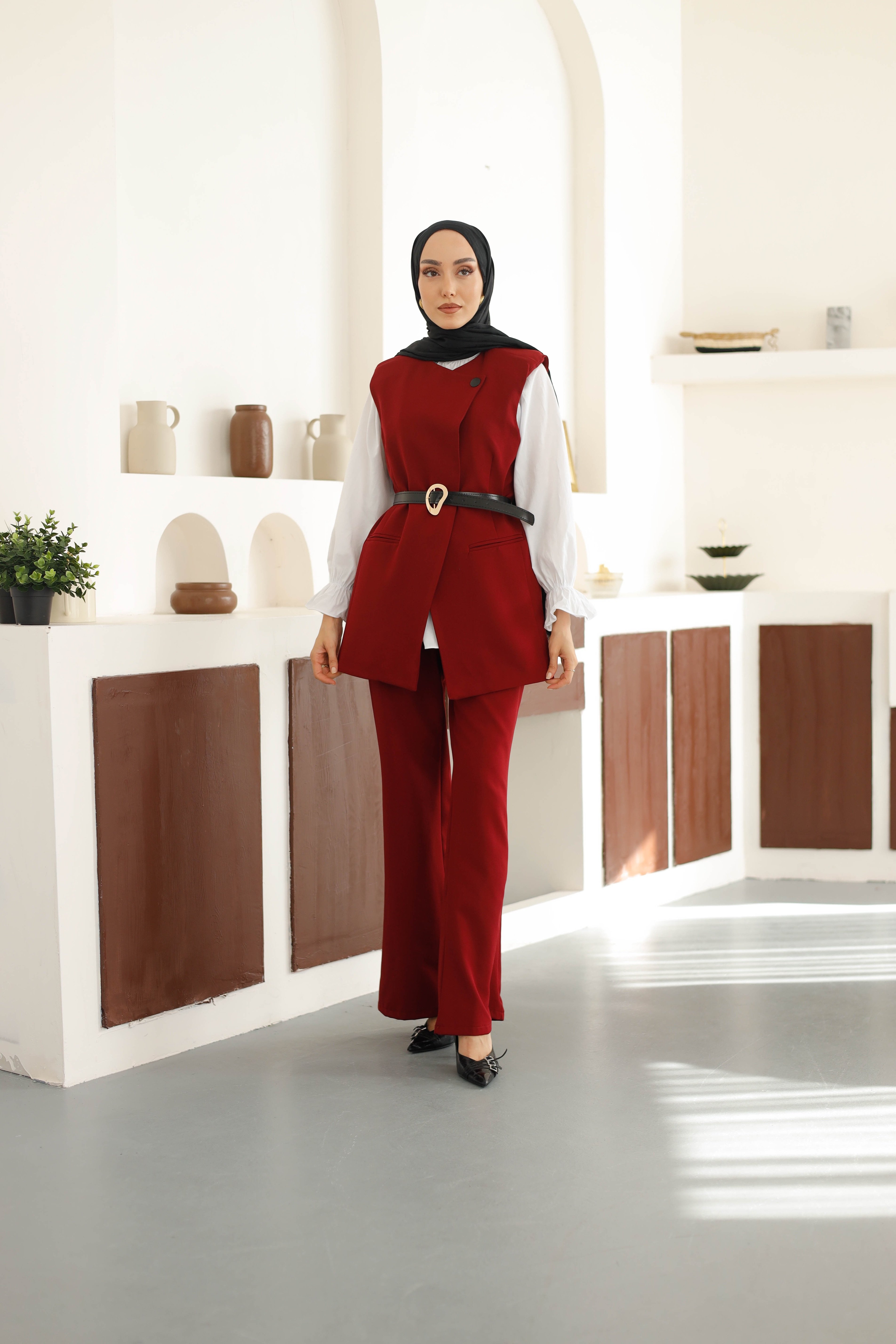 Kemerli Yelek Pantolon Takım - Bordo
