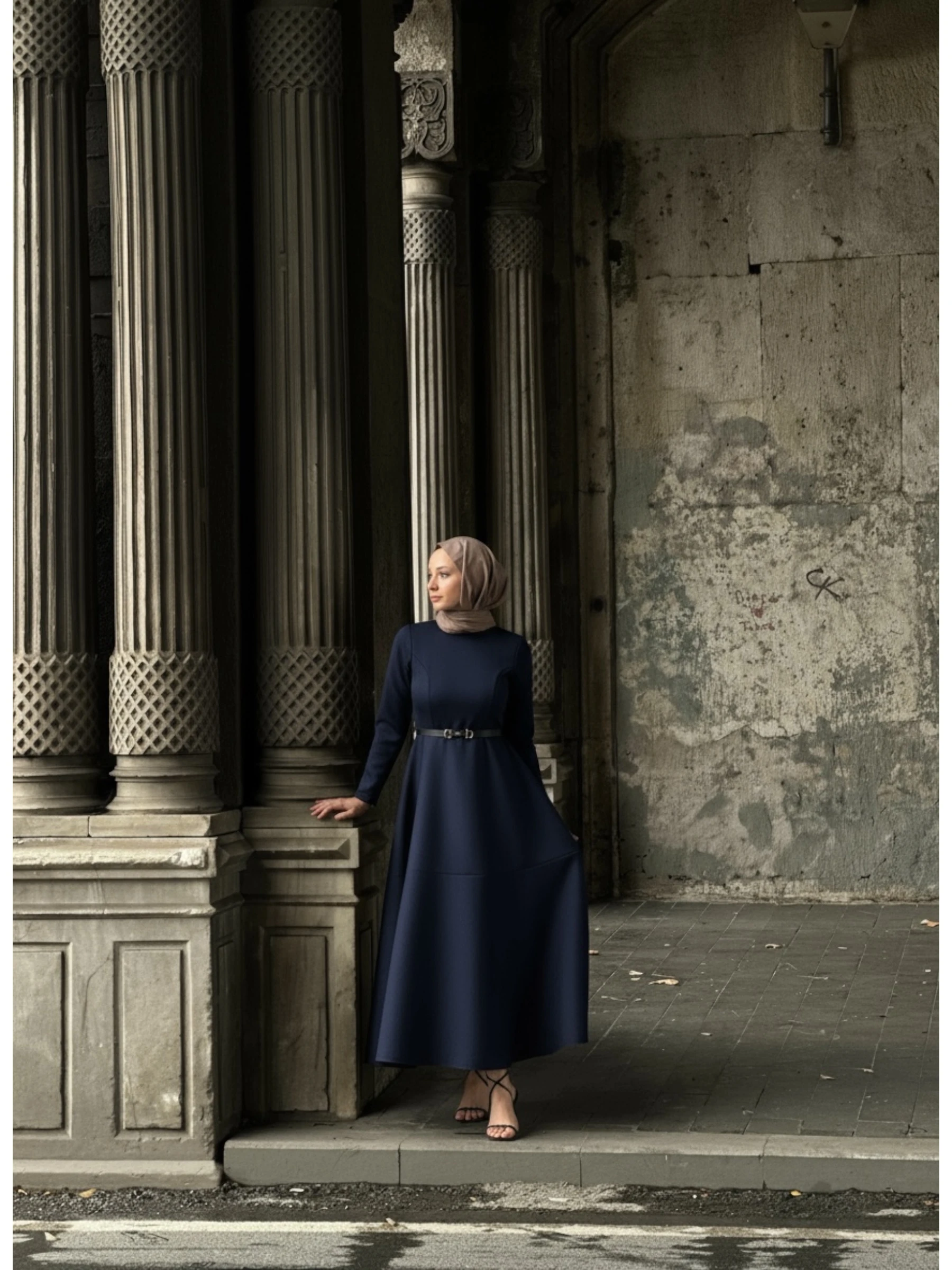 belted scuba bell model dress - Navy Blue