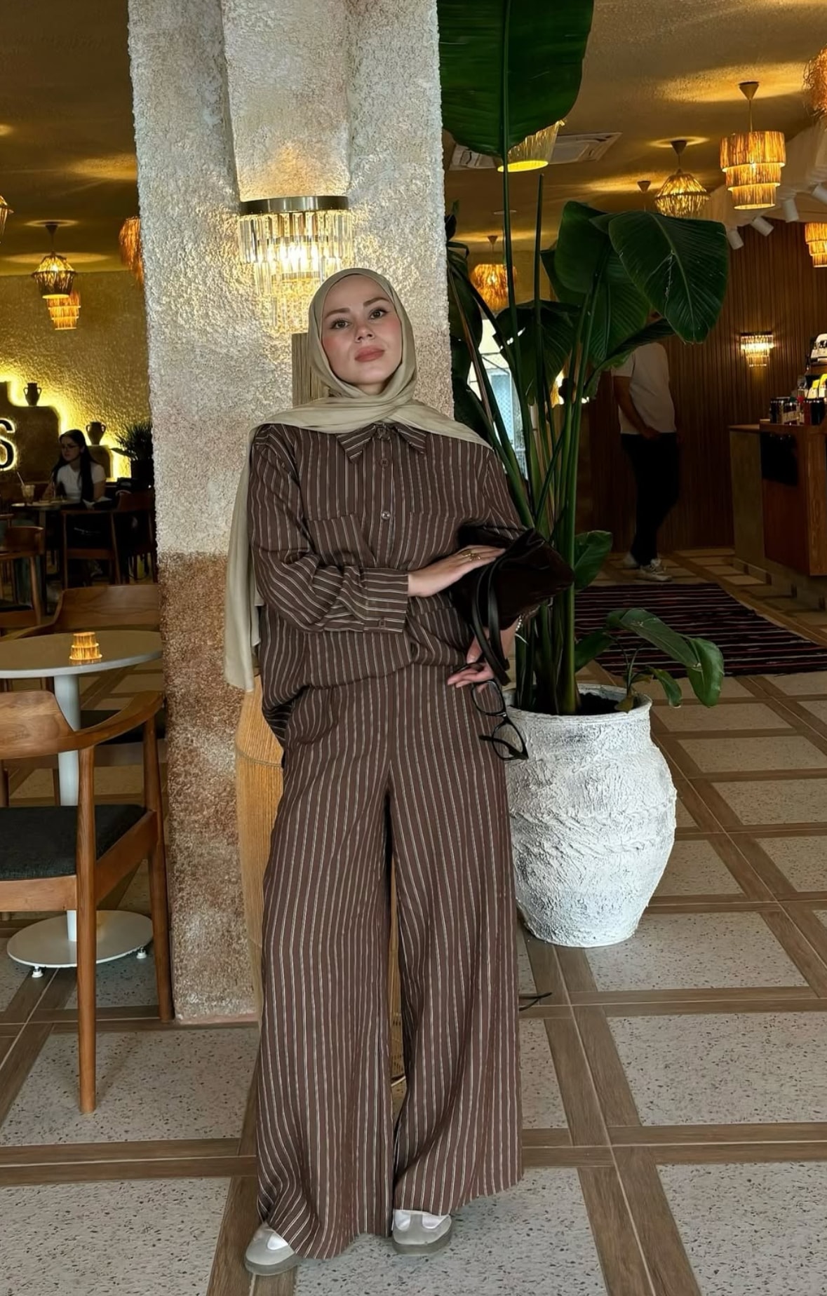 Striped Shirt Set - Brown