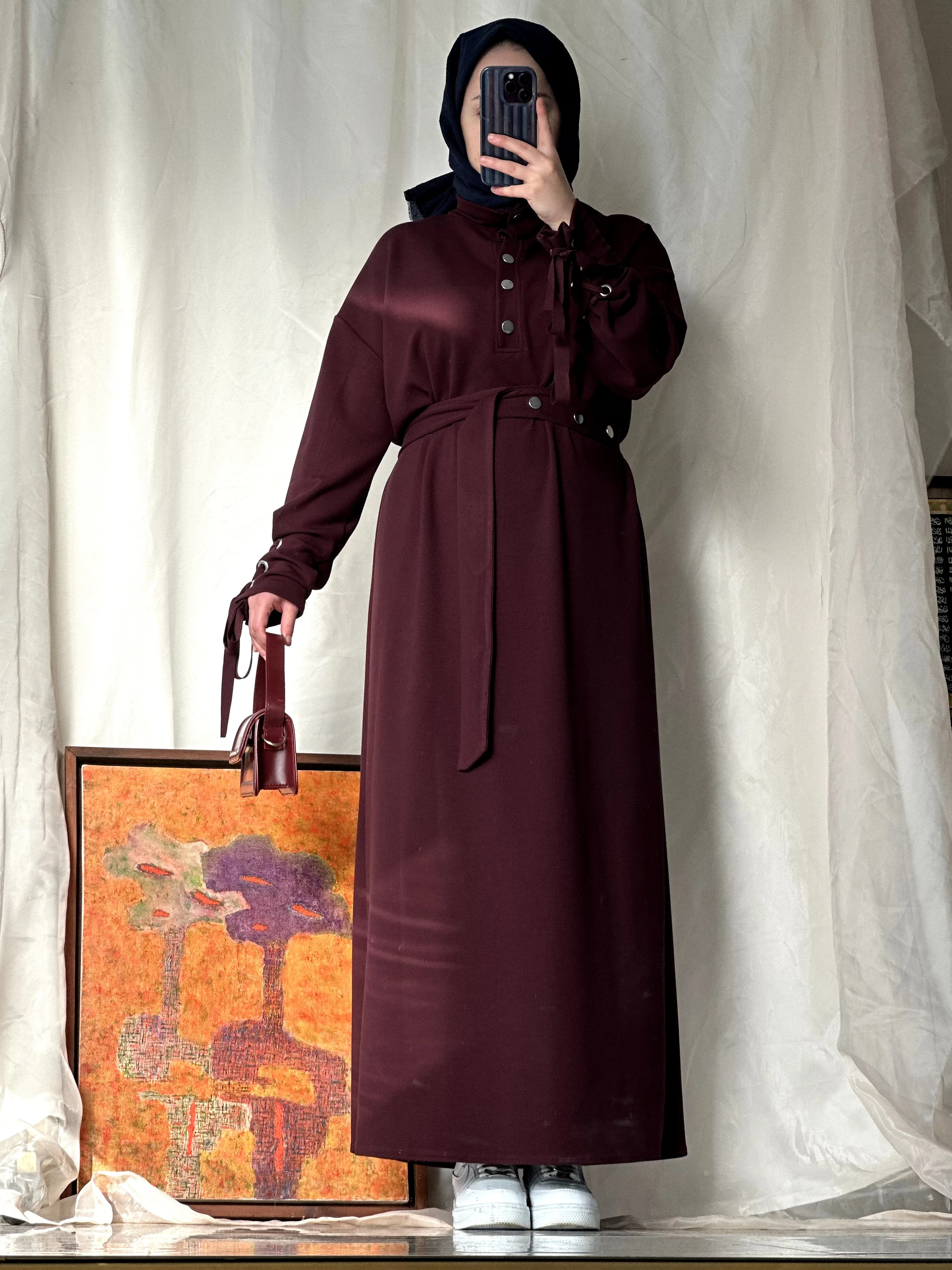 Kolu Bağlamalı Uzun Elbise - Bordo