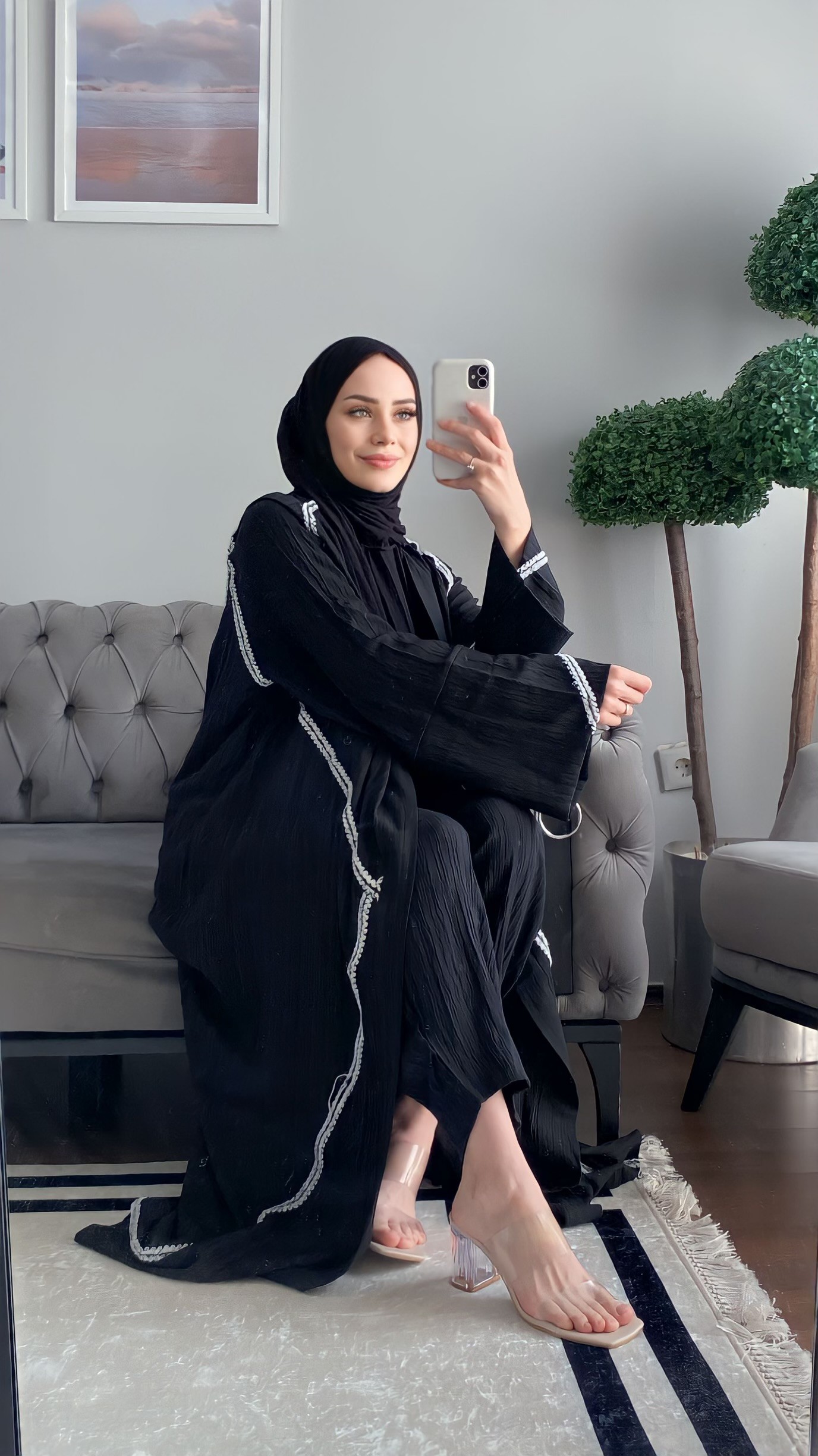 Black Linen Striped Abaya