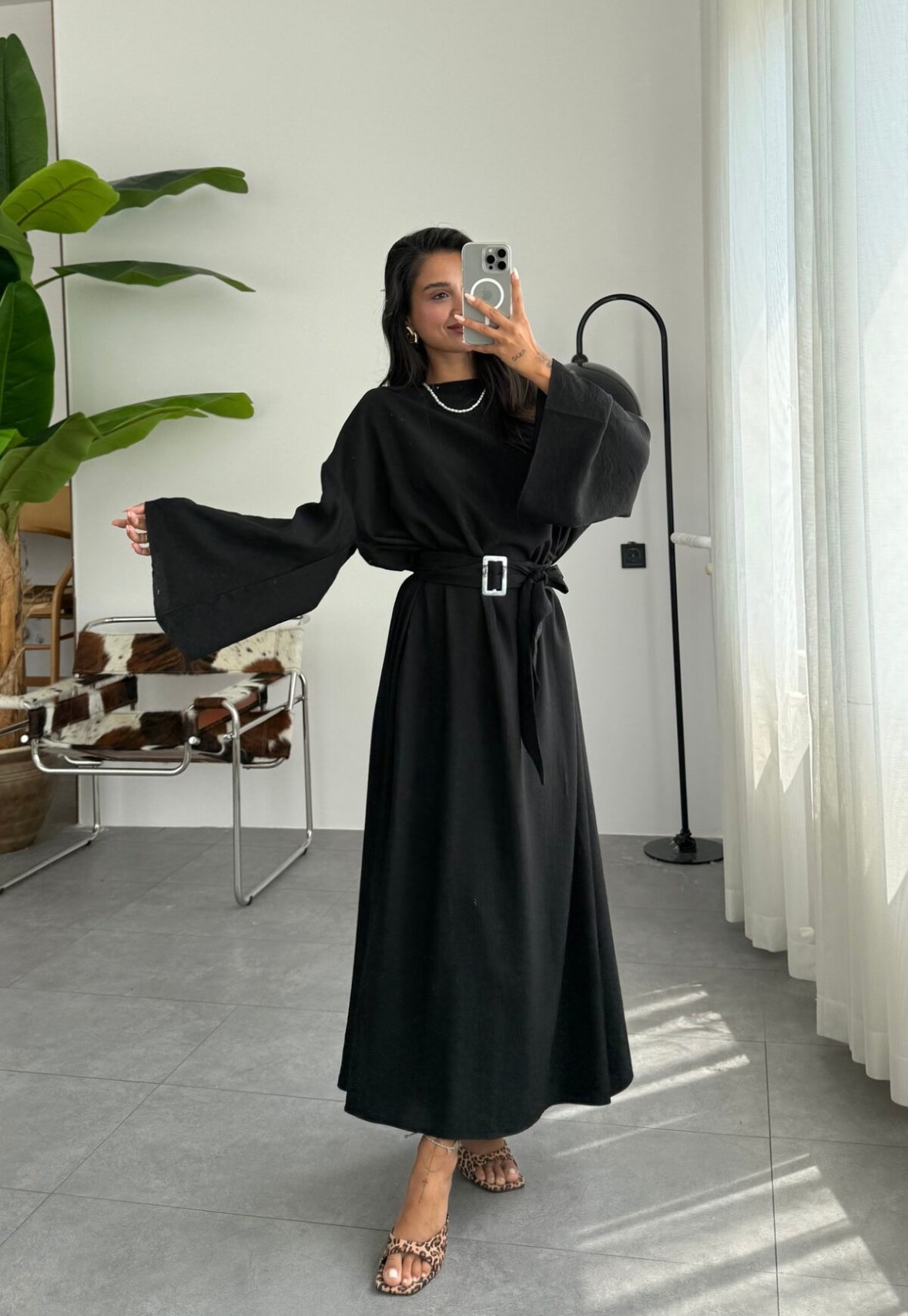 Keten Modal Elbise - Siyah