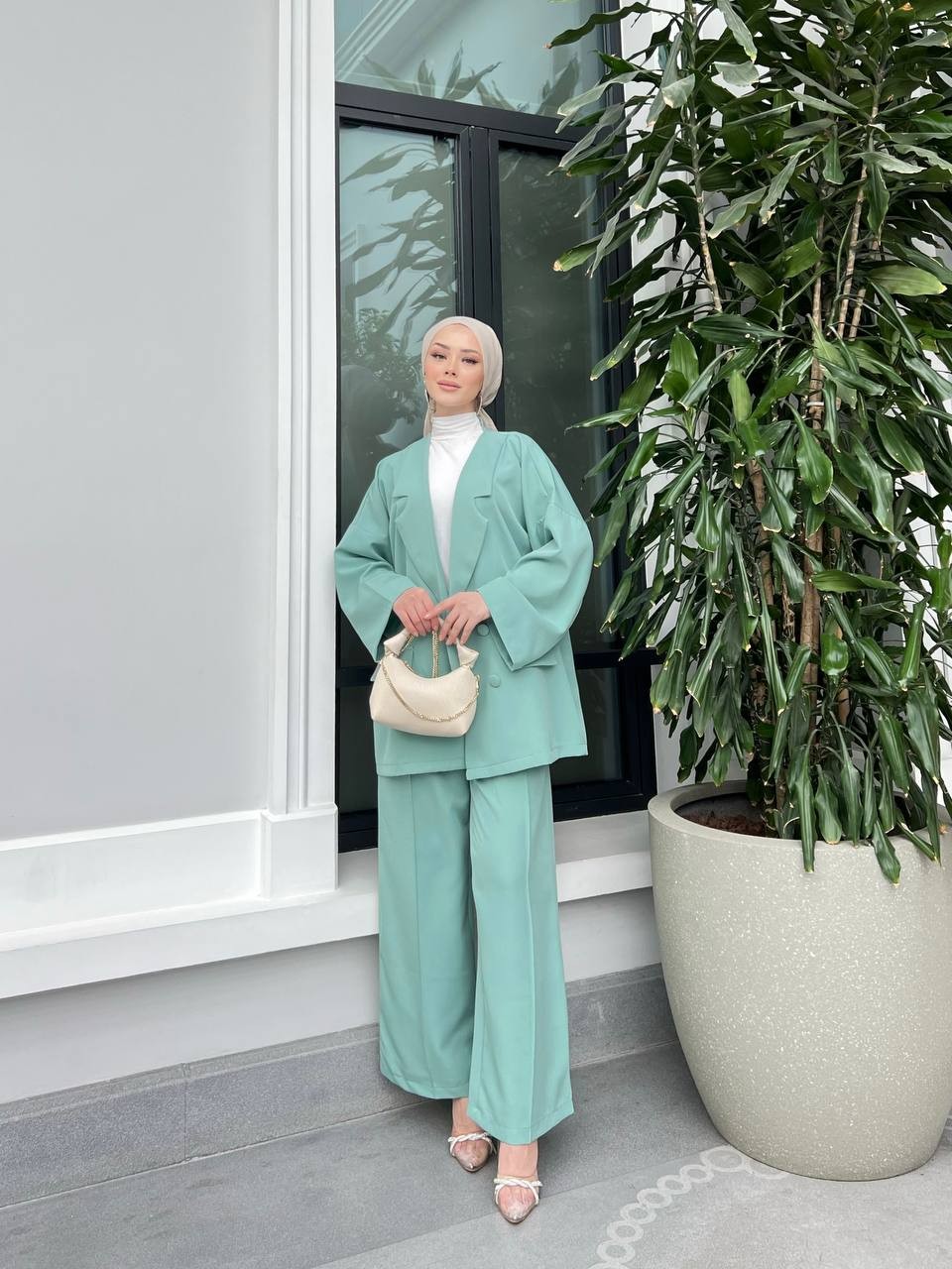 Giza Krep Blazer Ceket Takım - Mint yeşil