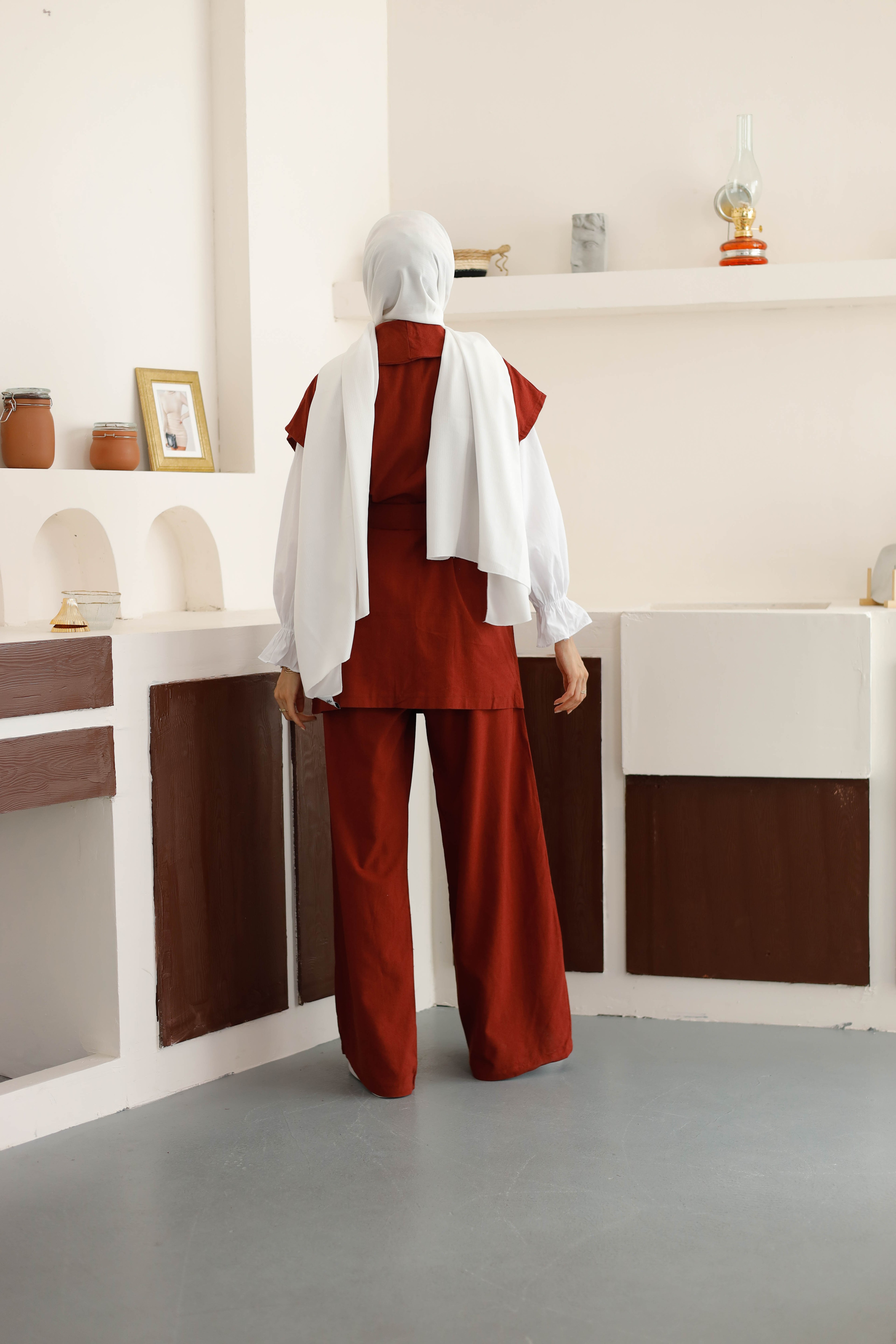 Natürel Yelek Palazzo Pantolon Takım