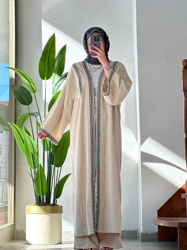 Keten Nakışlı Abaya/Kimono - Krem
