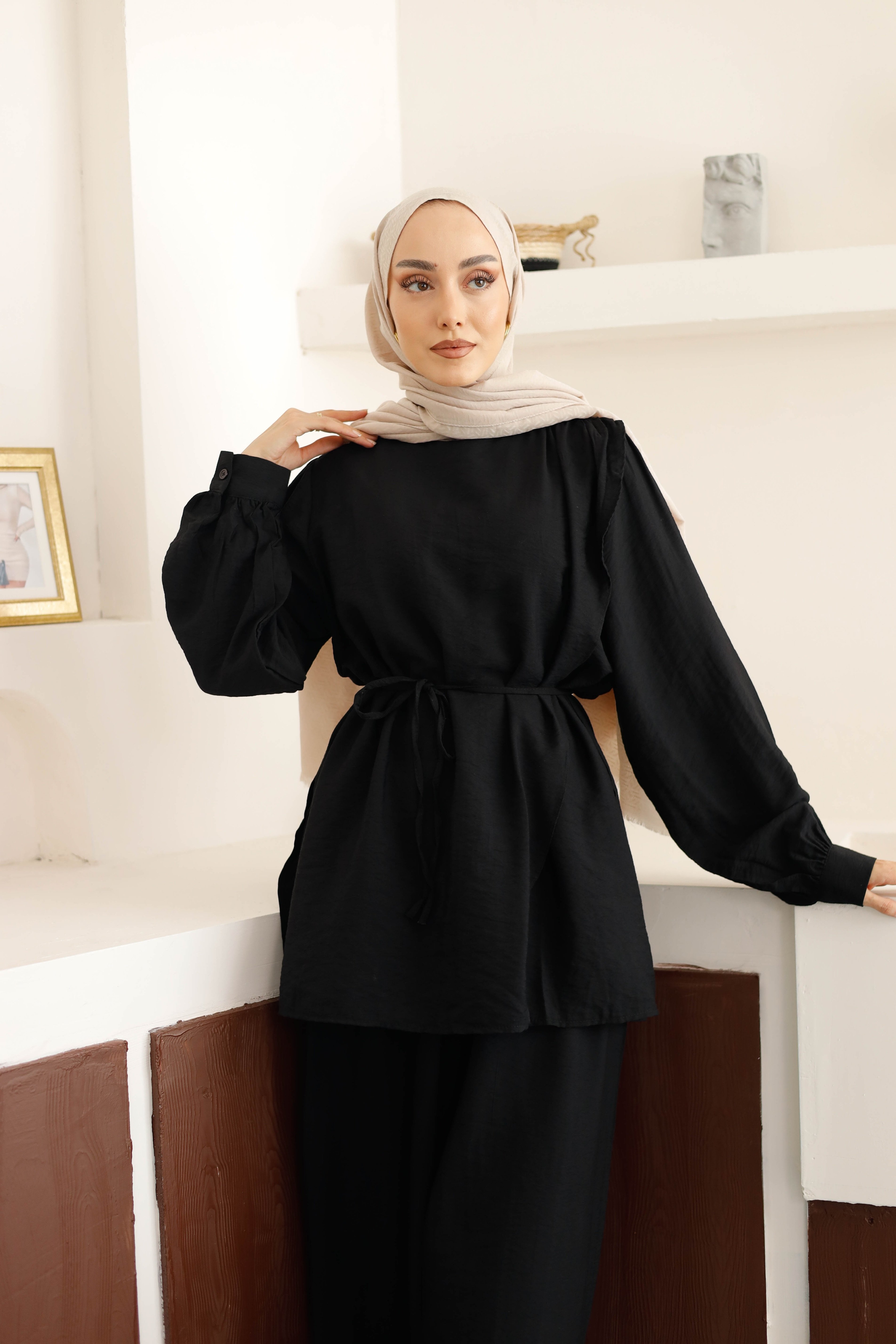 Asimetrik Tunik Pantolon Takım - Siyah