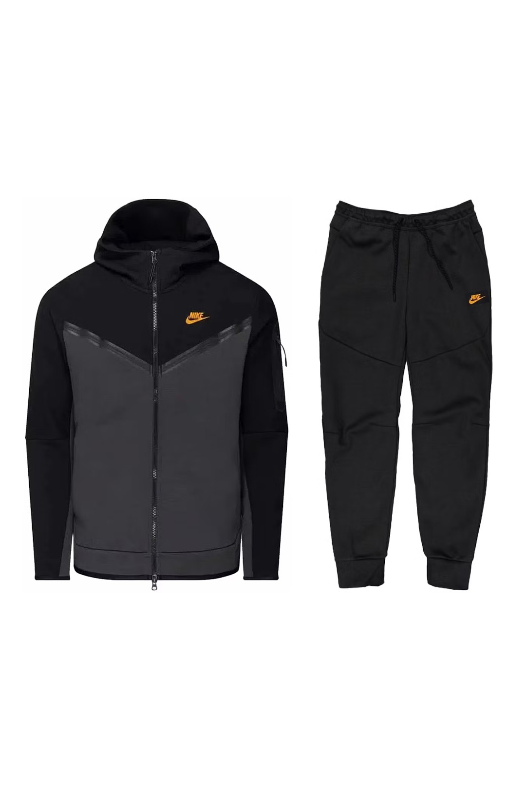 Sportswear Tech Fleece Full Zip Hoodie & Joggers Set - Siyah / Antrasit / Turuncu