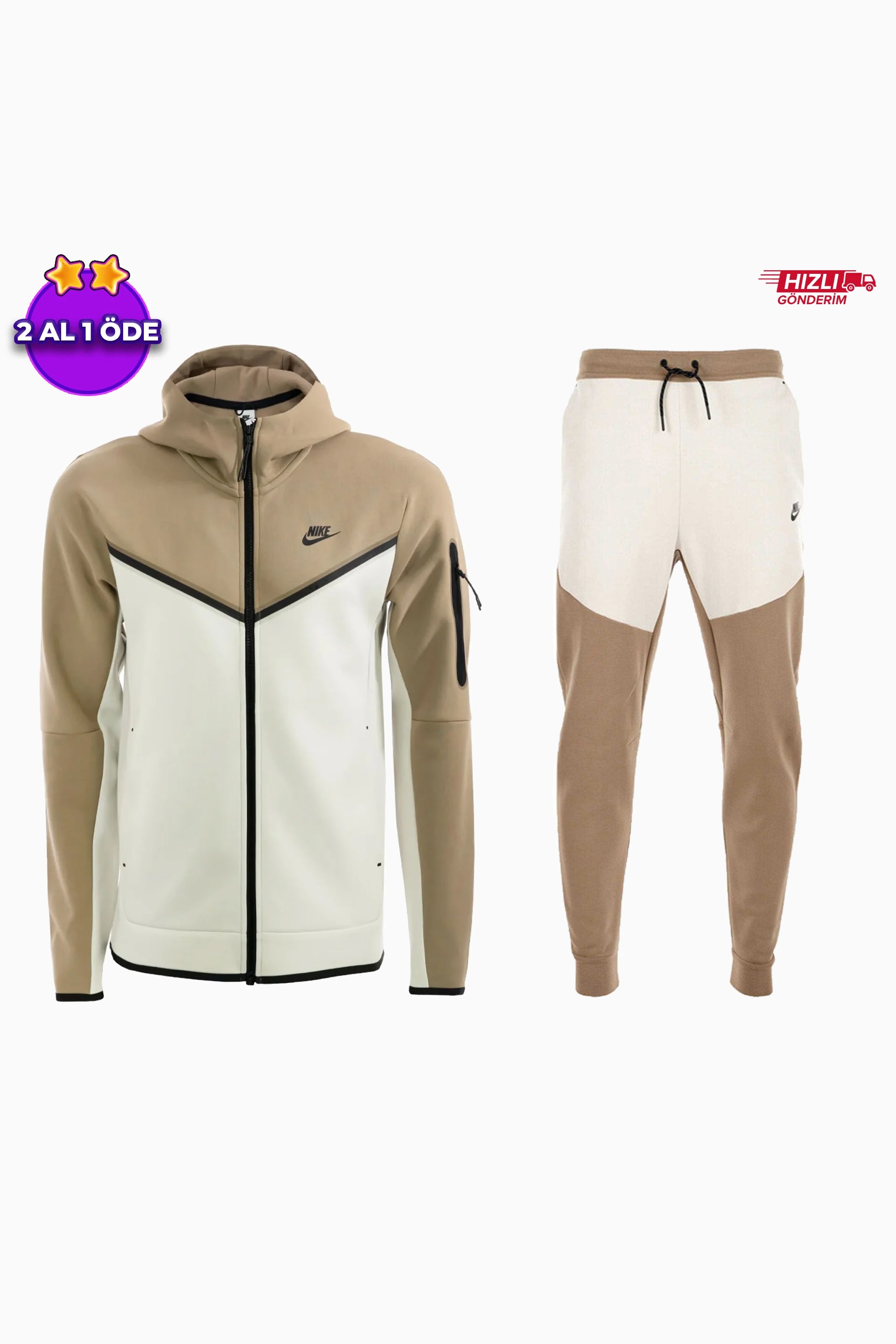 Sportswear Tech Fleece Full Zip Hoodie & Joggers Set - Brown / White