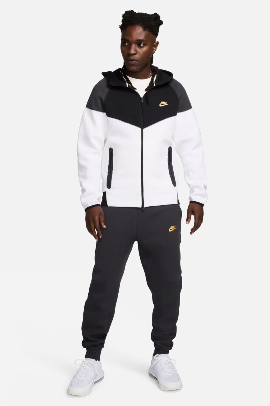 Yeni Tech Fleece Windrunner Kapüşonlu Üst - Siyah/Cool Grey/Beyaz/Metallic Gold