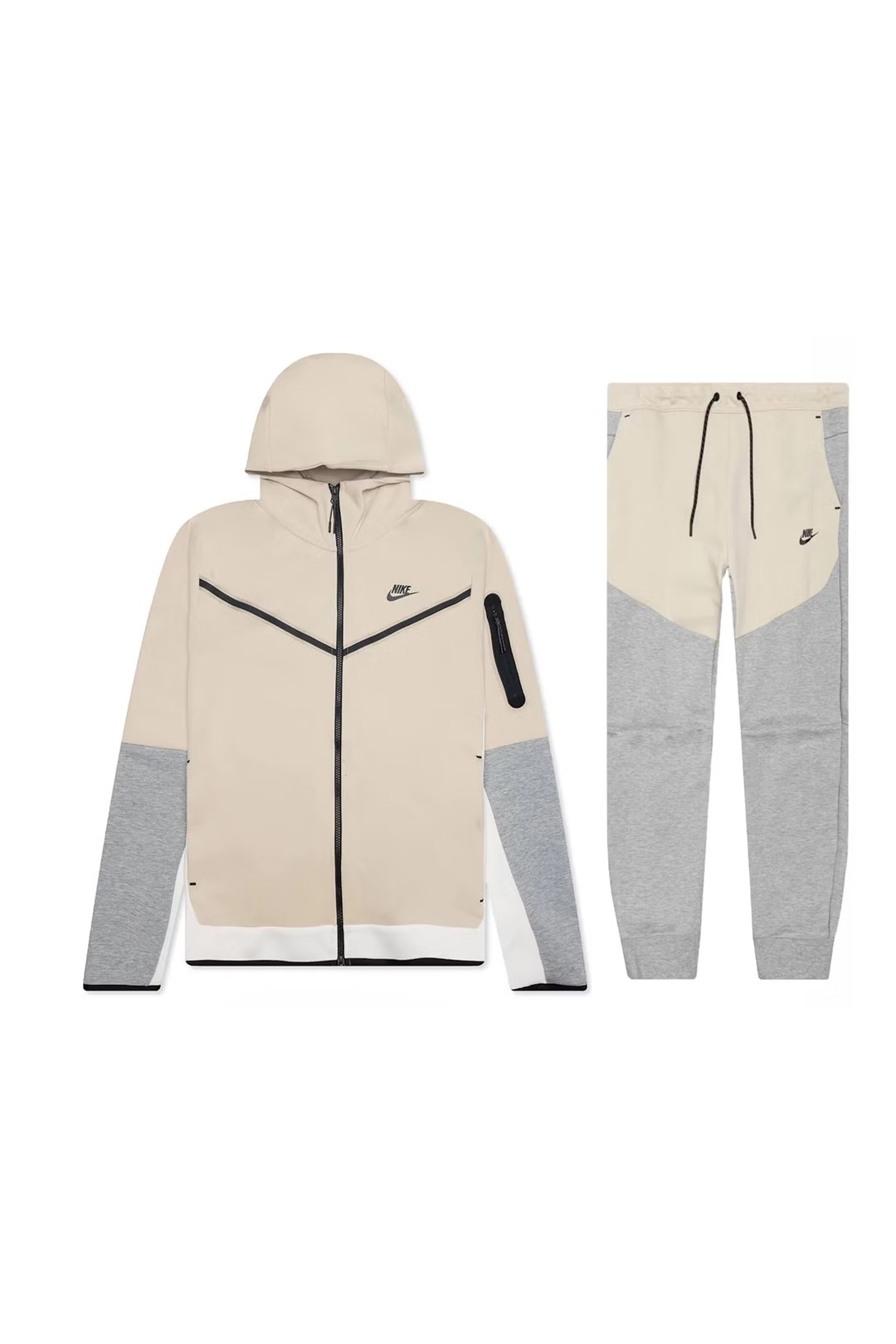 Sportswear Tech Fleece Full Zip Hoodie & Joggers Set - Bej / Beyaz / Gri