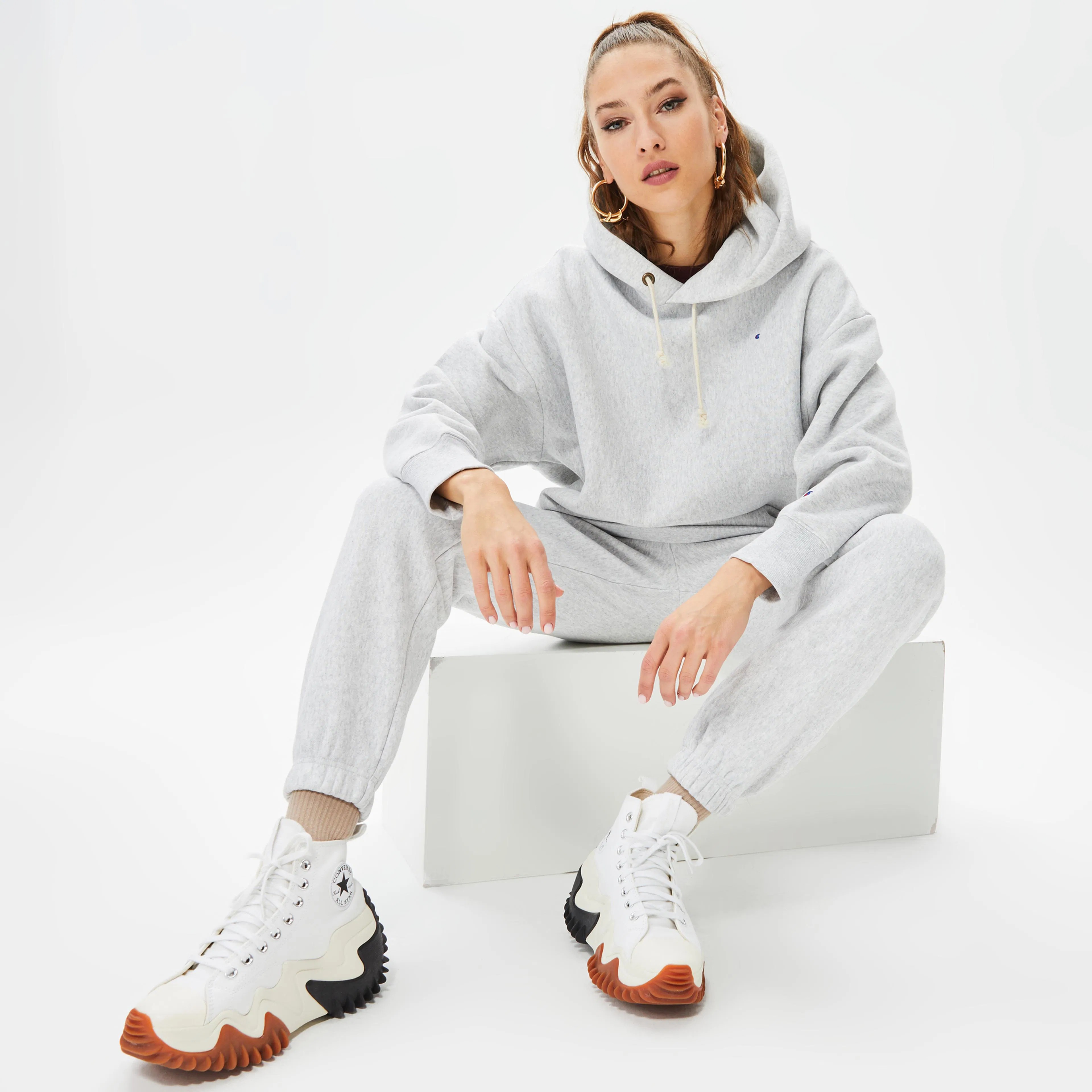 Reverse Weave Kadın Hoodie C Logo - Gri