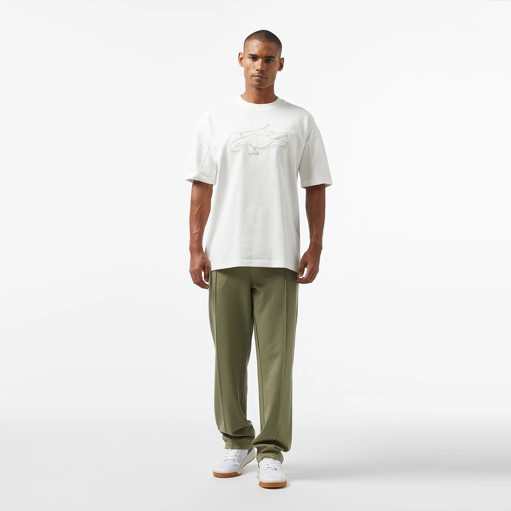 Oversize Fit Bisiklet Yaka Baskılı T-Shirt - Beyaz