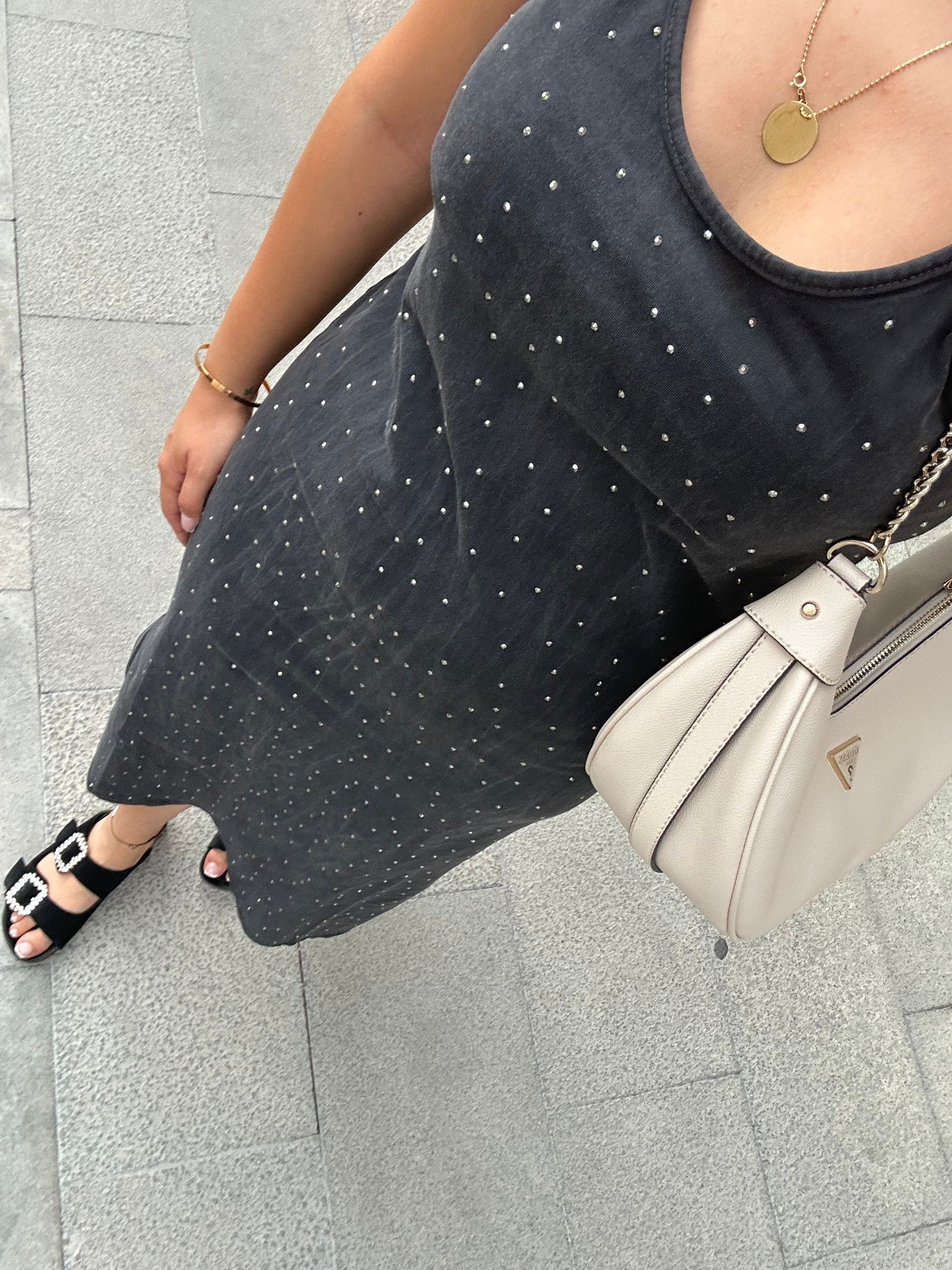 🖤Siyah Midi Pamuk Elbise Taş Detaylı 