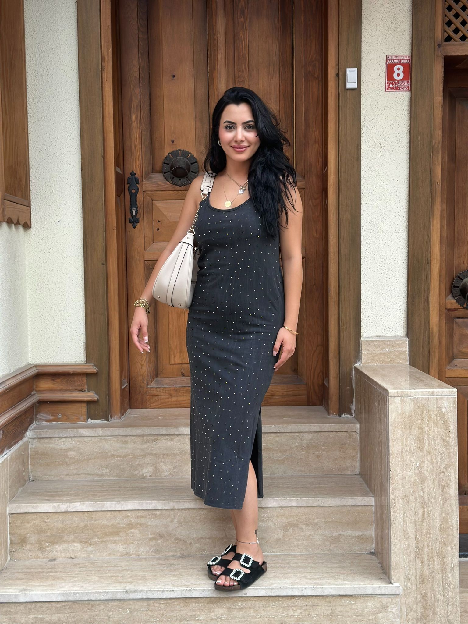🖤Siyah Midi Pamuk Elbise Taş Detaylı 