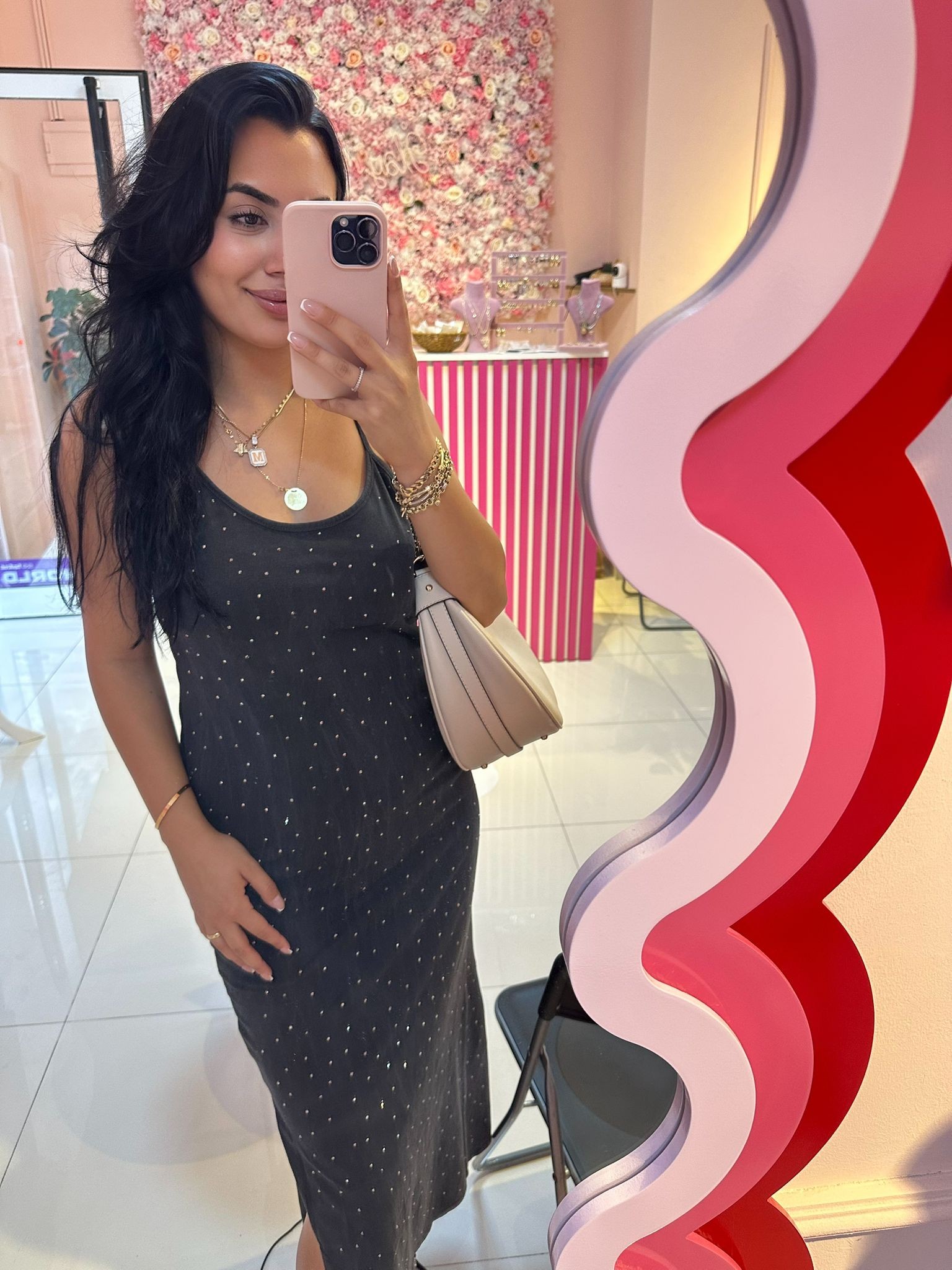🖤Siyah Midi Pamuk Elbise Taş Detaylı 