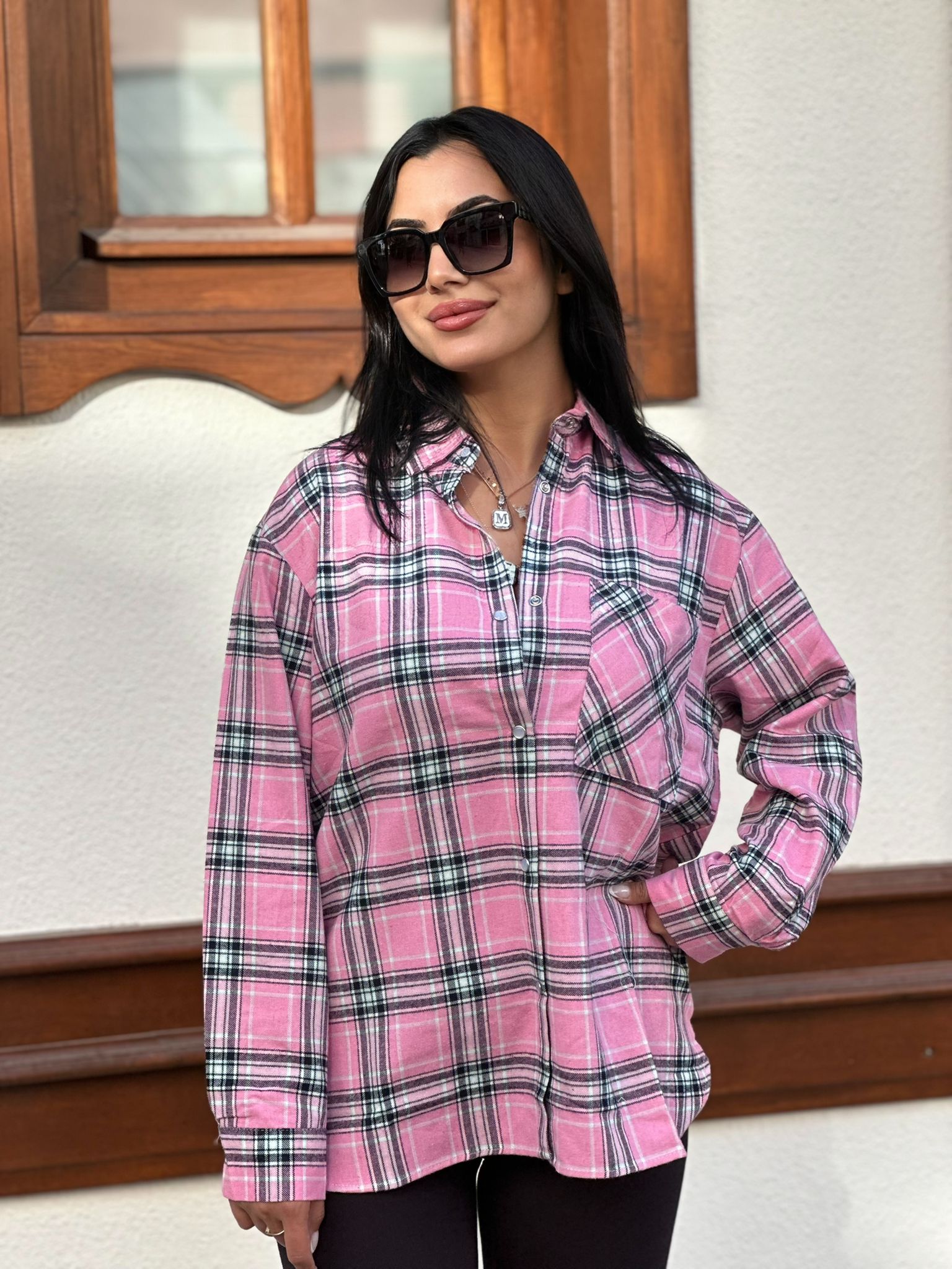 Pembe Oversize Ekose Kadın Gömlek | İlay’m Store