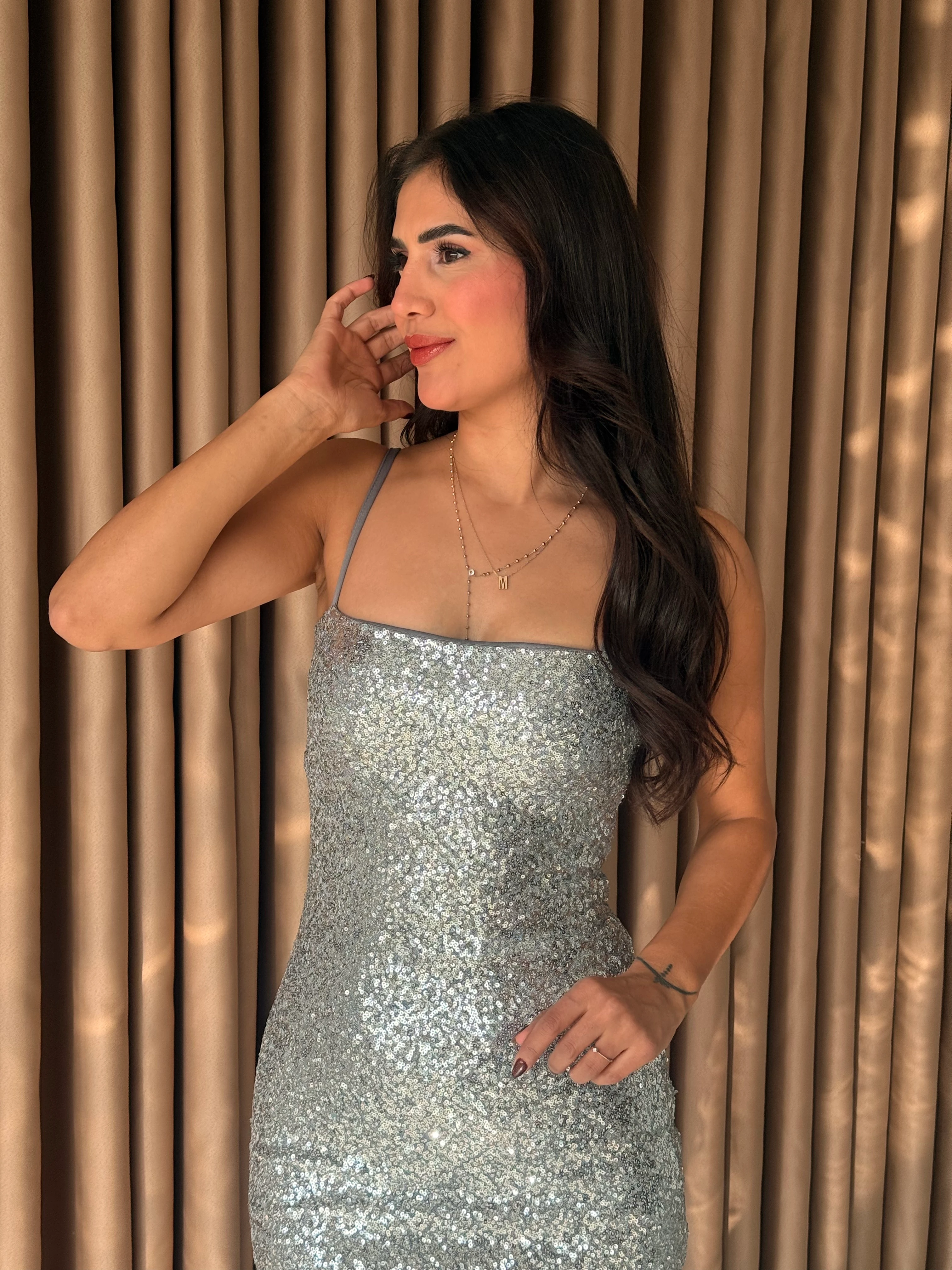 İp Askılı Pullu Gümüş Midi Elbise