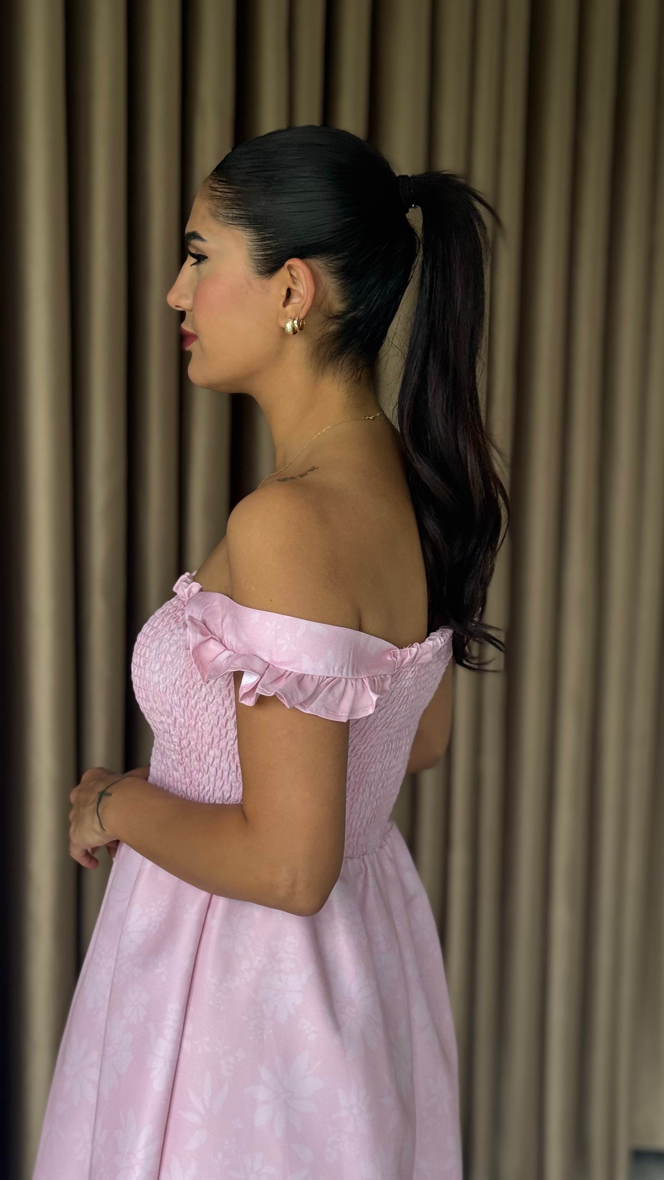 GİPELİ AÇIK PEMBE MİDİ ELBİSE