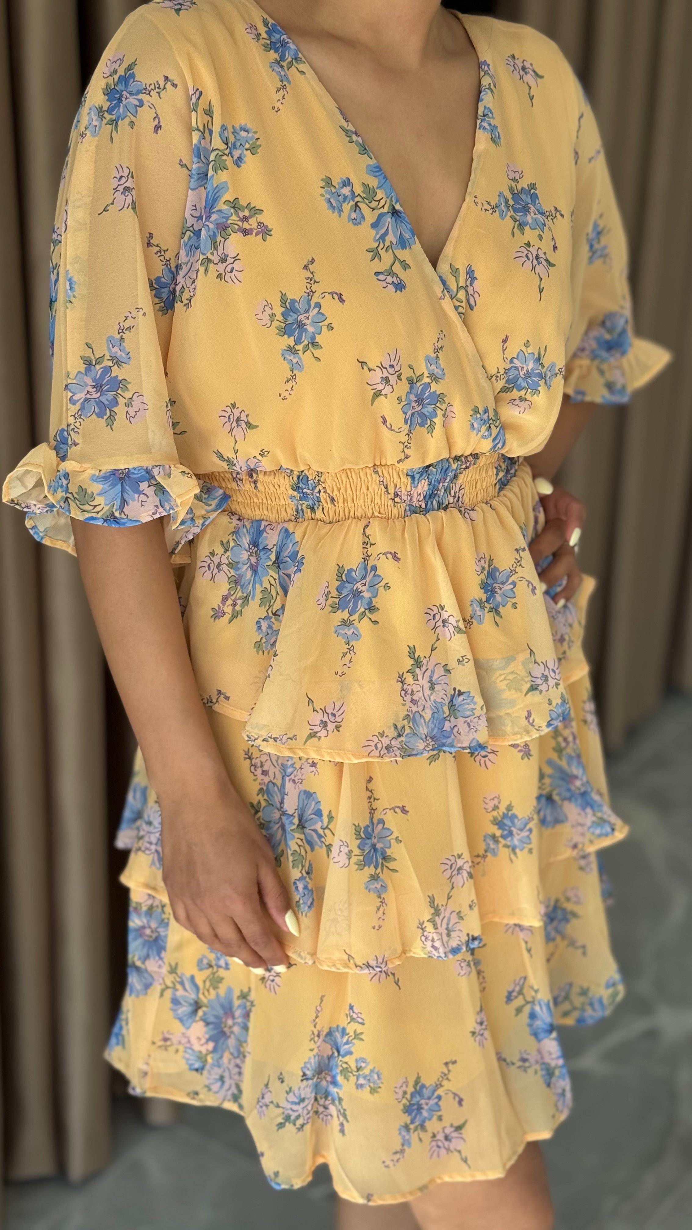 SARI ÇİÇEKLİ BELİ LASTİKLİ ŞİFON ELBİSE