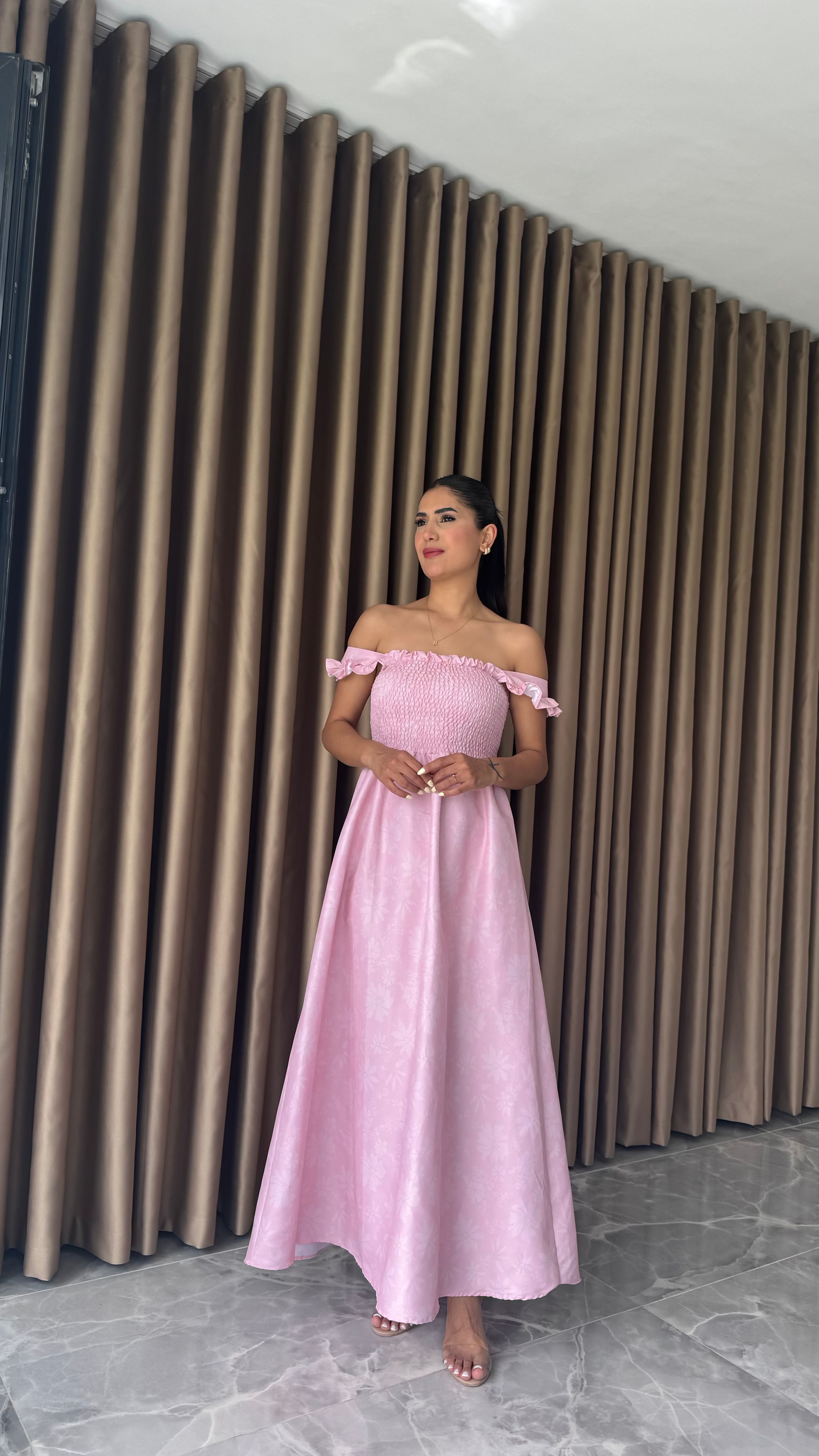 GİPELİ AÇIK PEMBE MİDİ ELBİSE