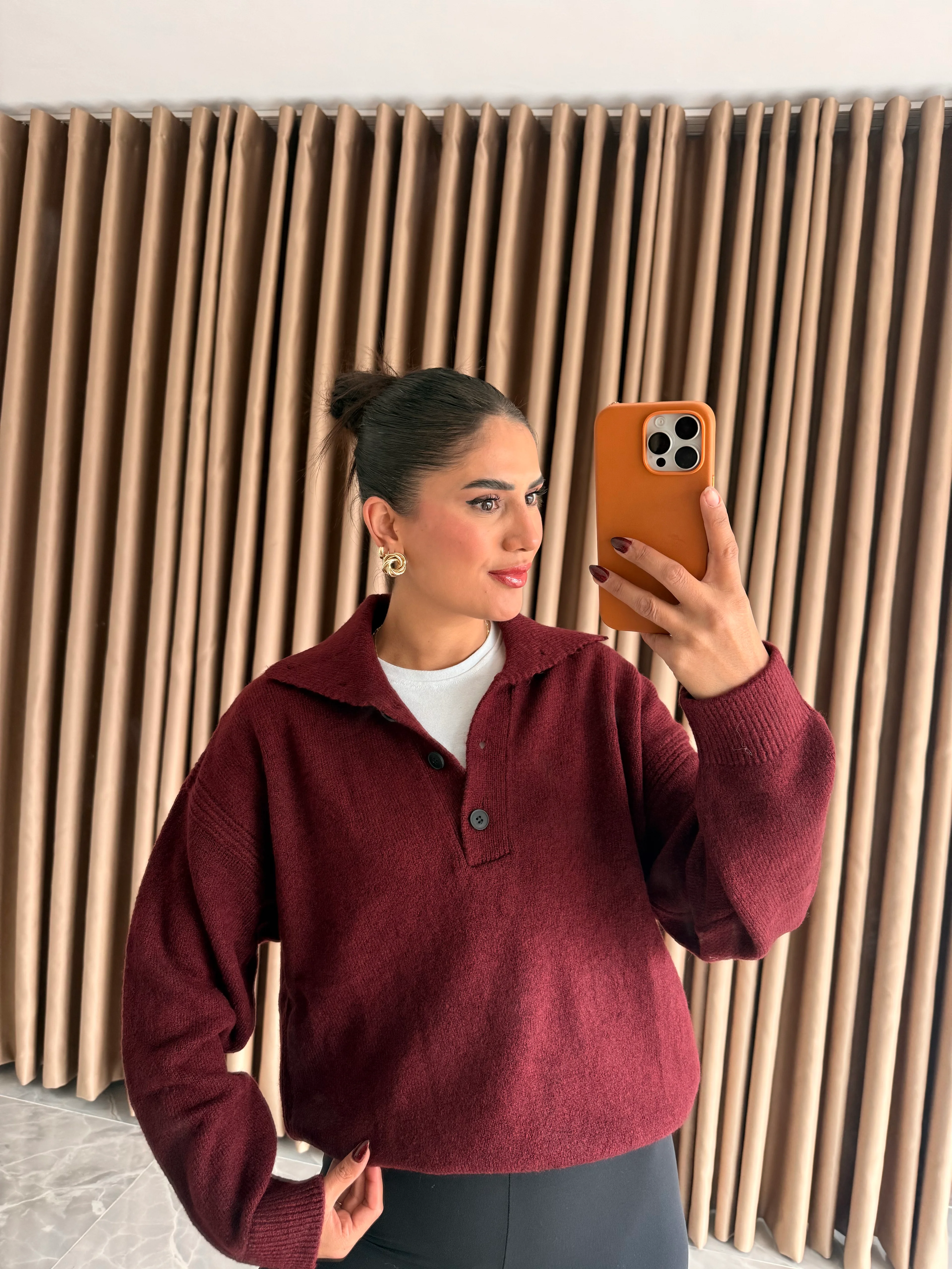 Önü Düğmeli Polo Yaka Kazak