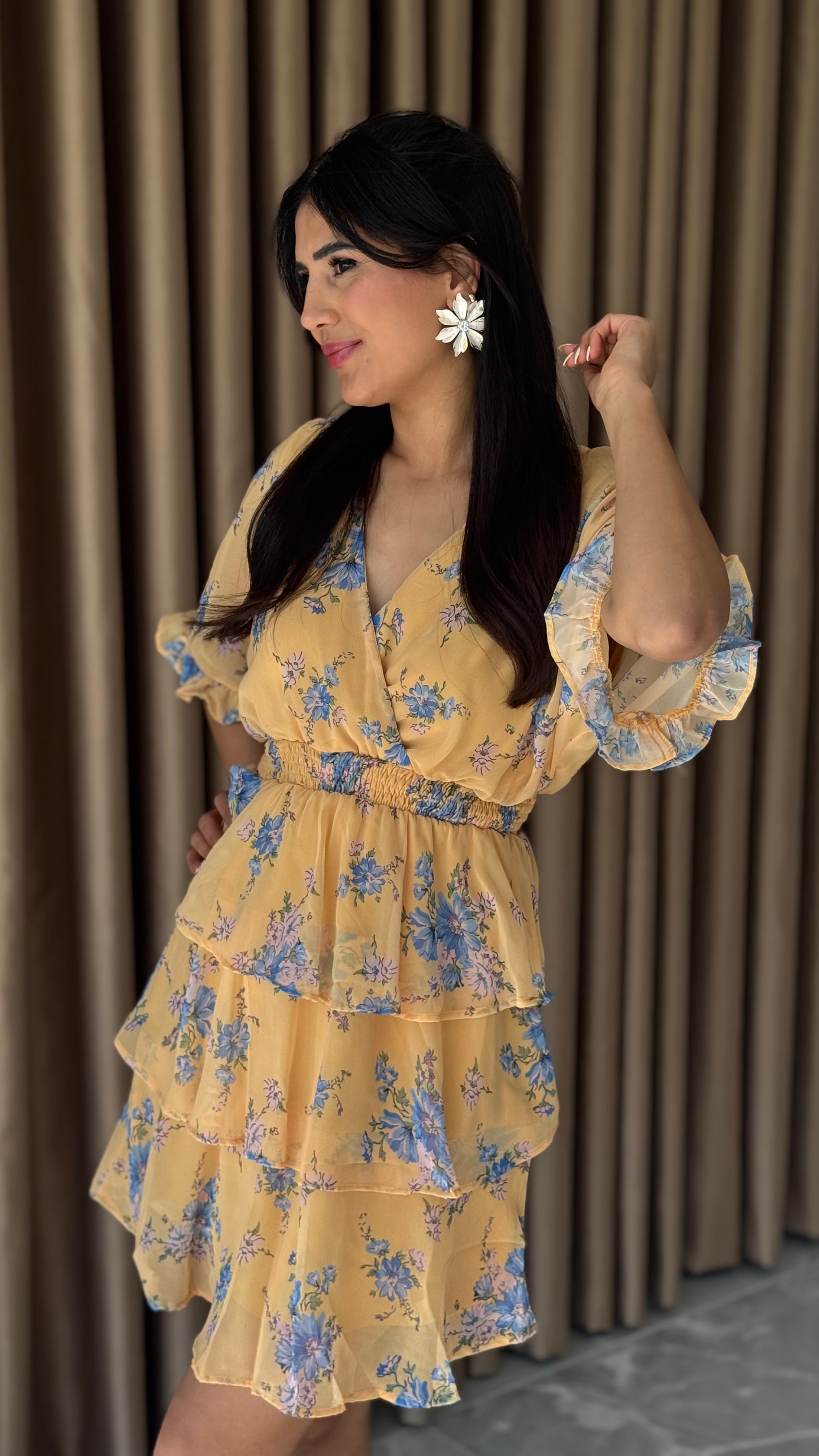 SARI ÇİÇEKLİ BELİ LASTİKLİ ŞİFON ELBİSE
