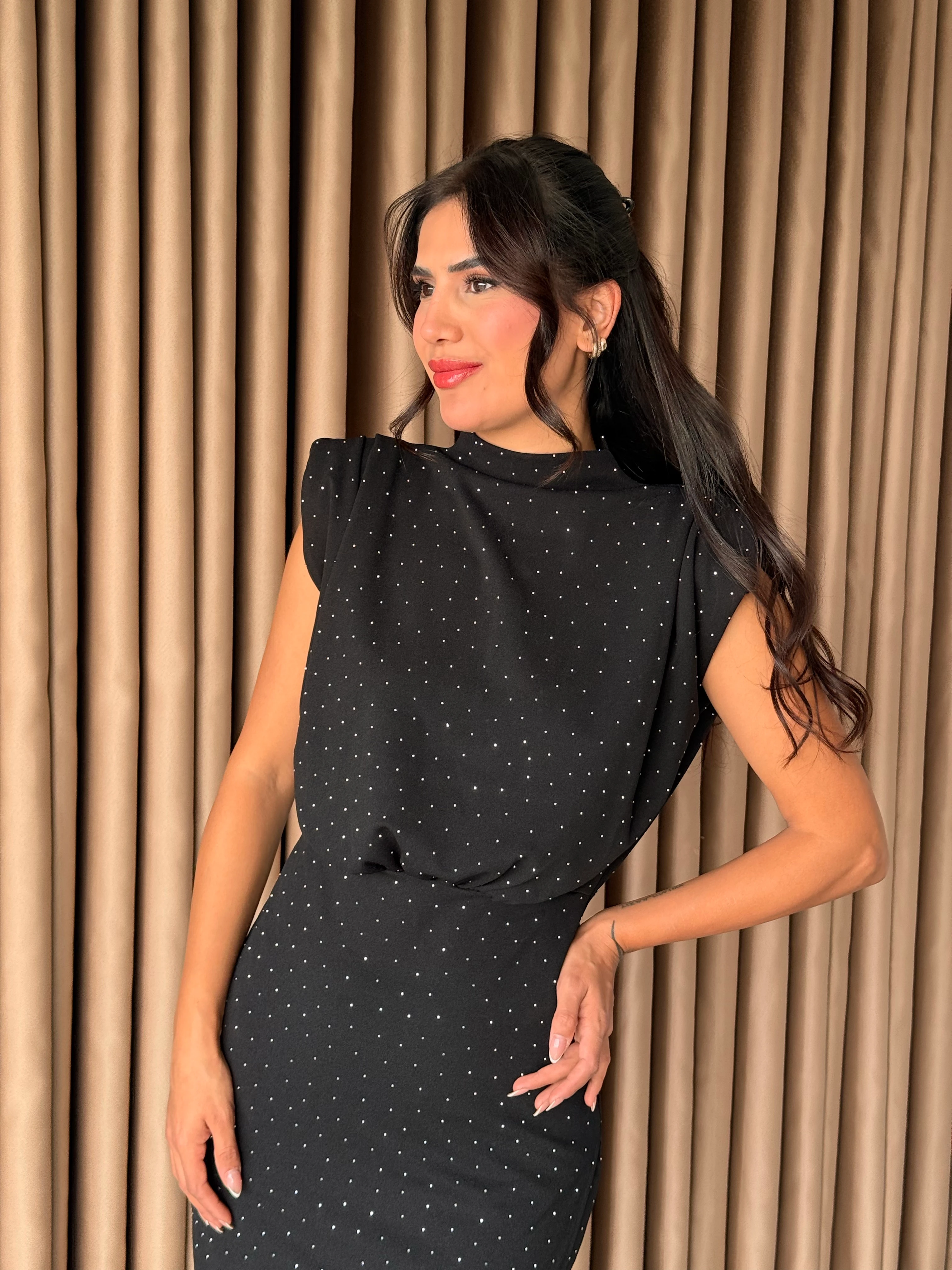 Dik Yaka Pullu Midi Elbise