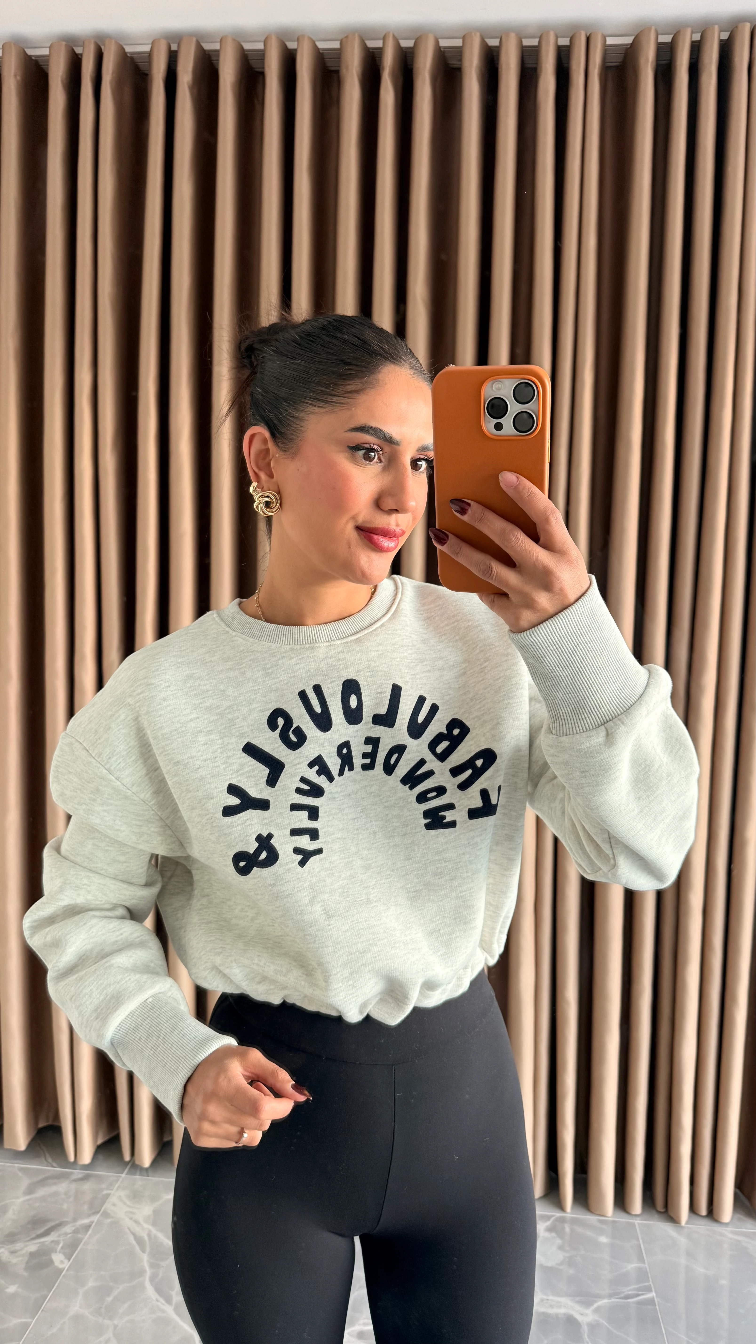 Gri Lacivert Baskılı Kısa Sweat