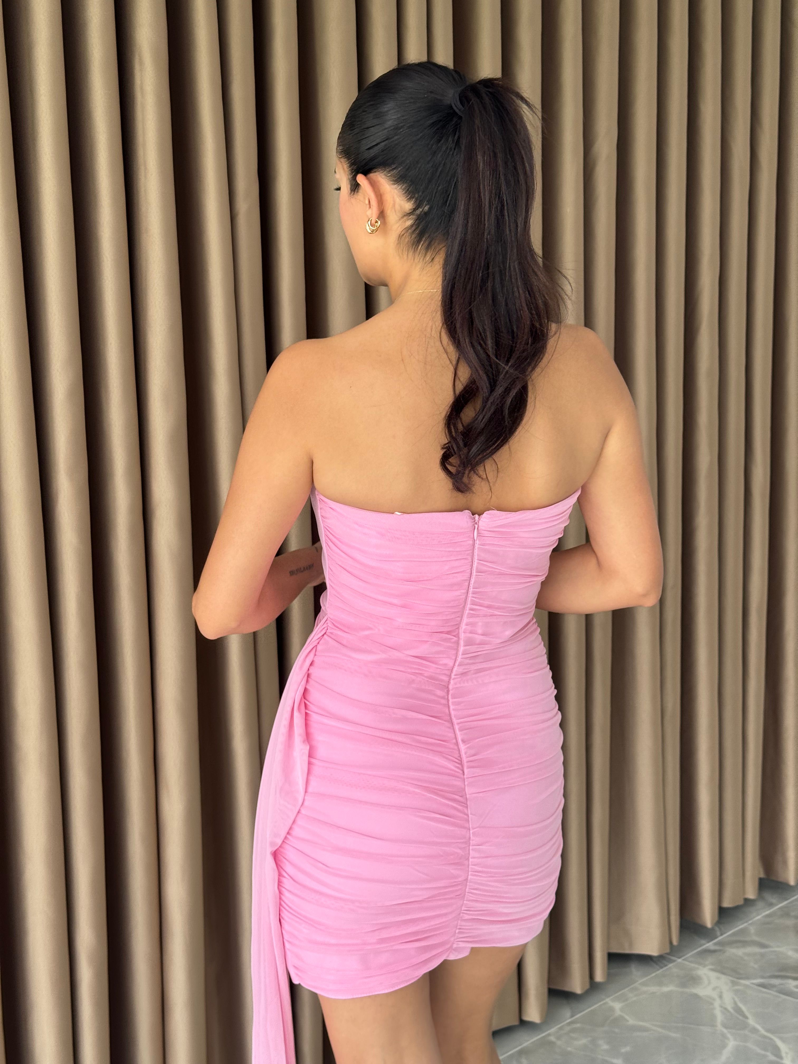 PEMBE STRAPLEZ TÜL ELBİSE