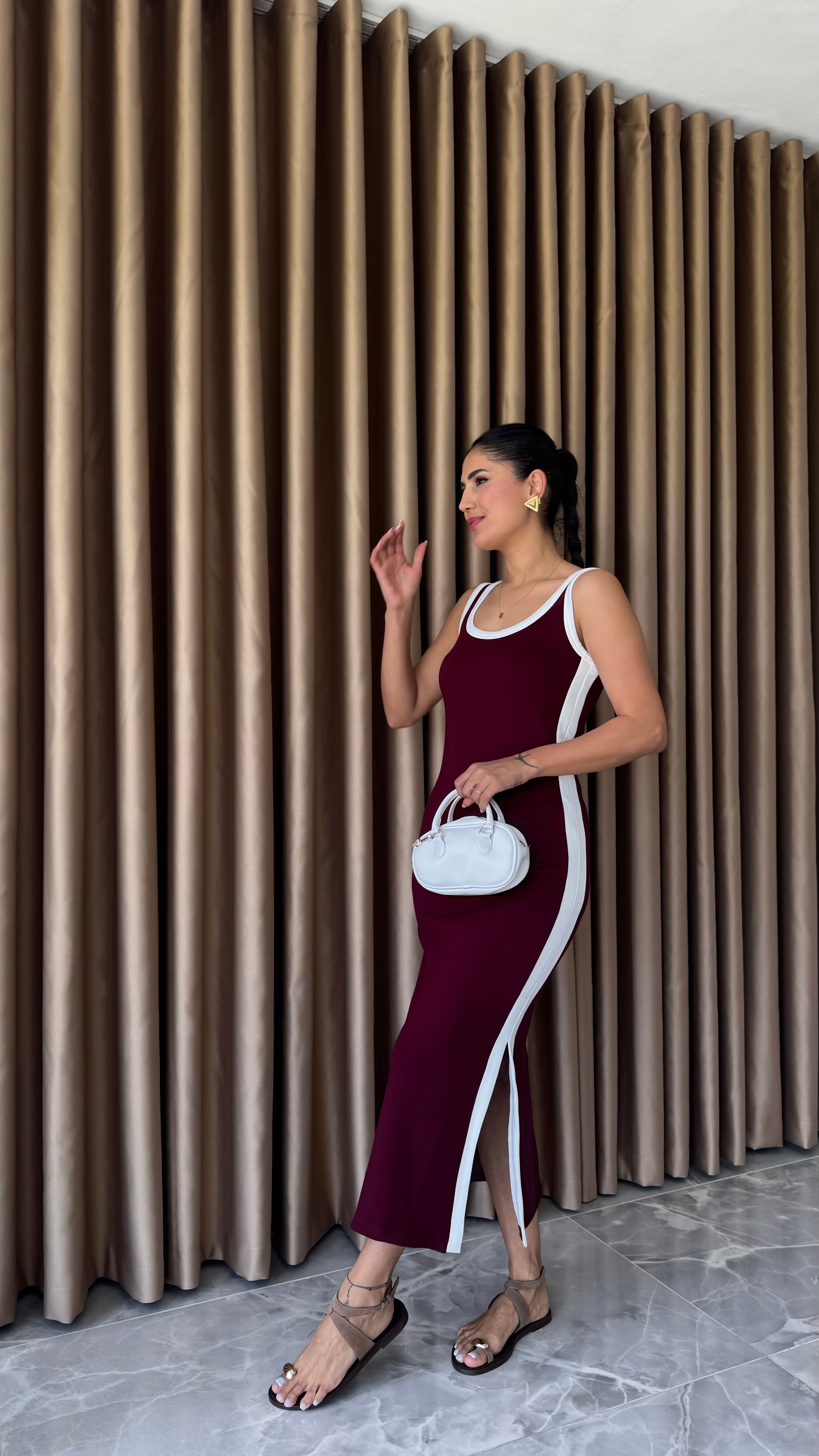 OYS MODAL BORDO ŞERİTLİ ELBİSE