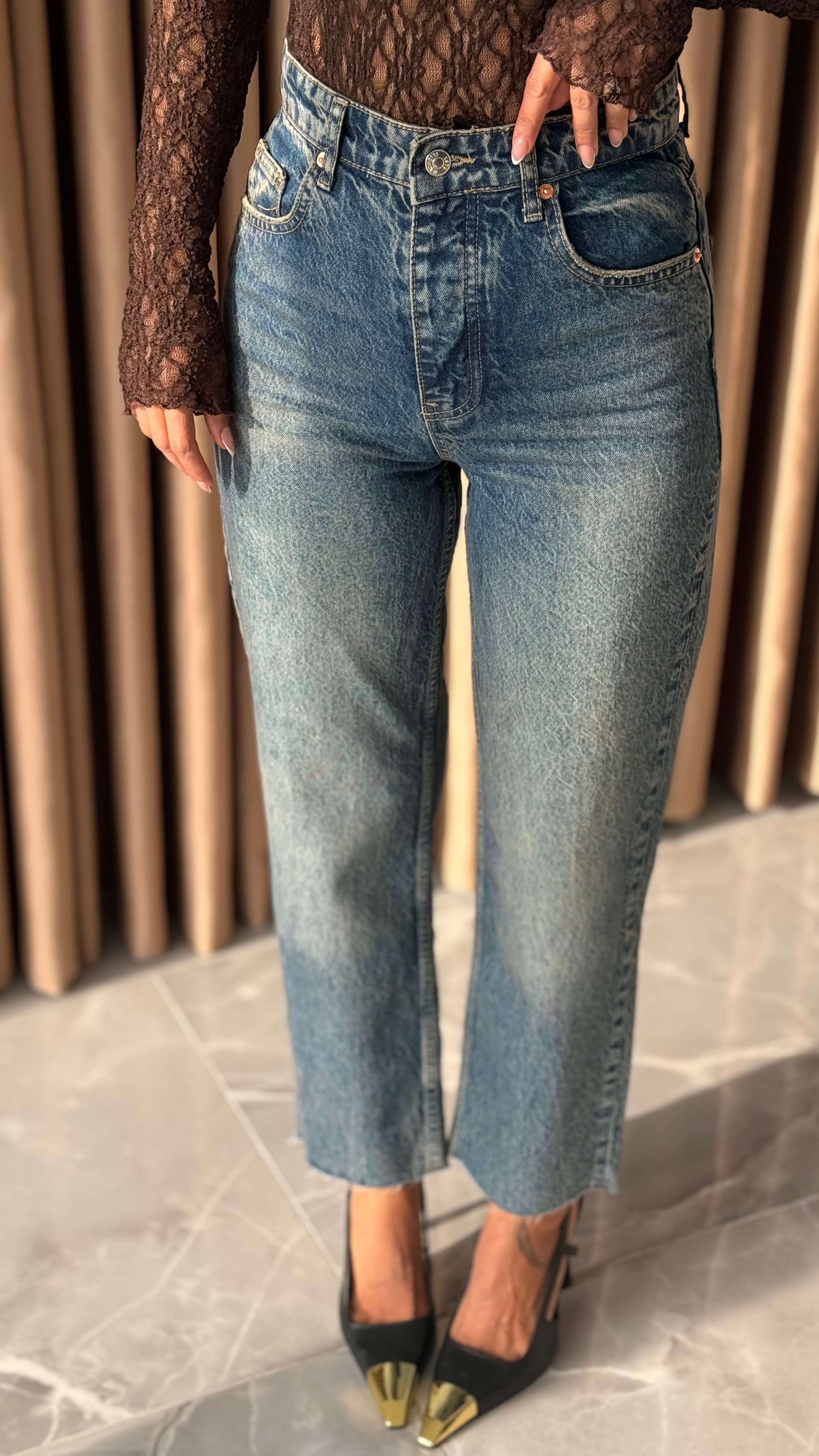 Kahve Eskitmeli Boyfit Jean