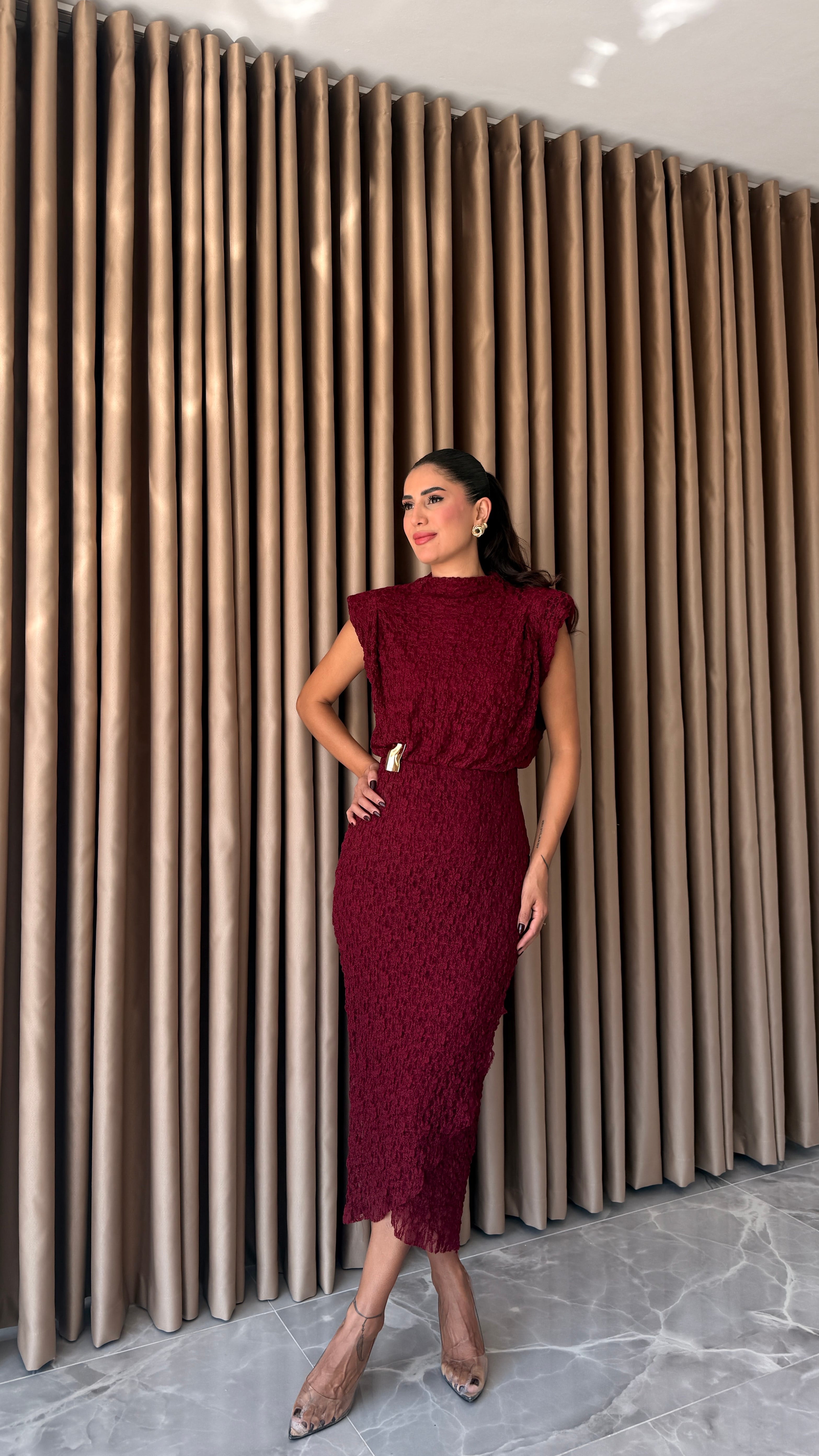 Dantel Bordo Tokalı Elbise