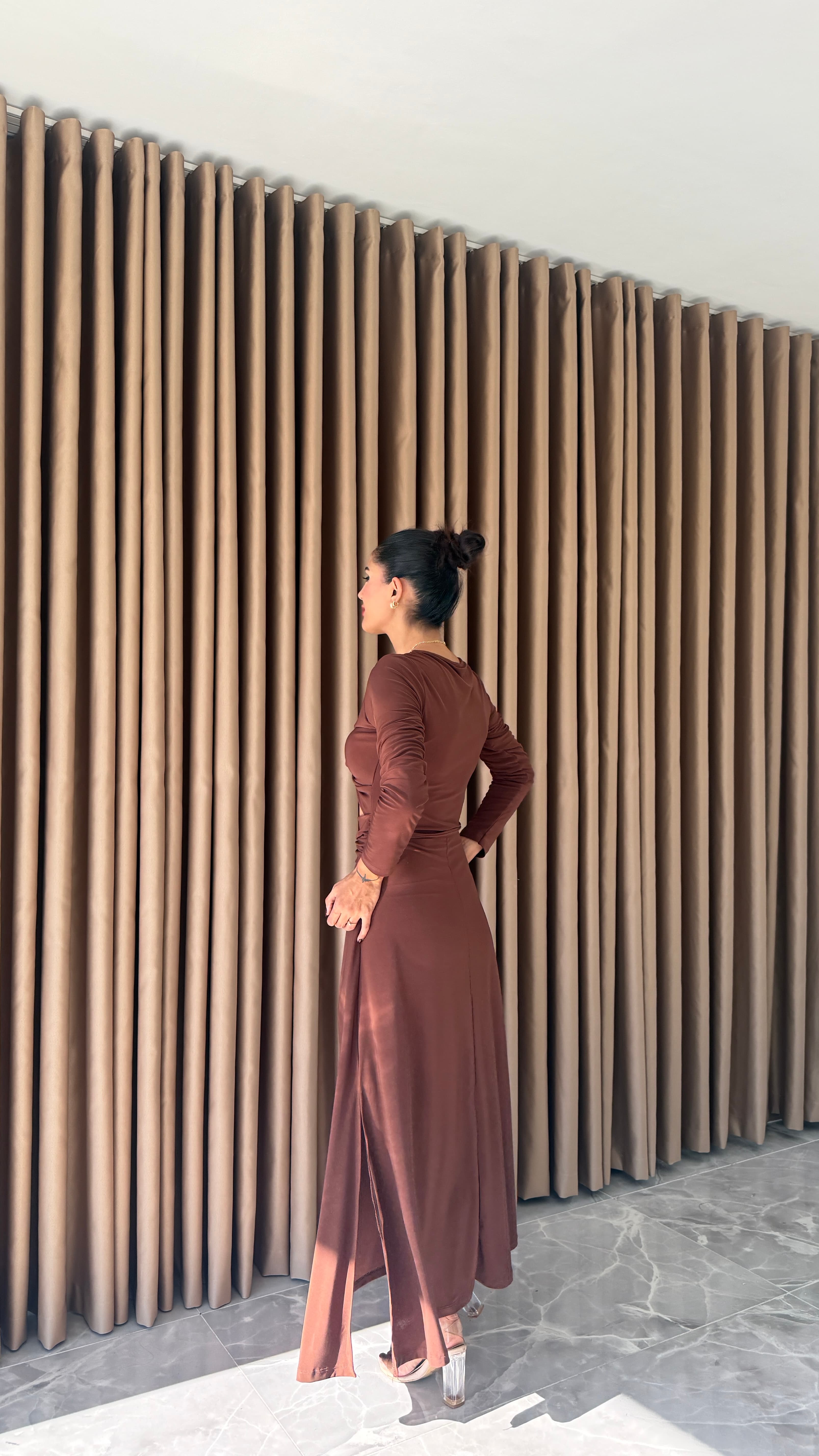 Kahve Bel Detaylı Çan Elbise