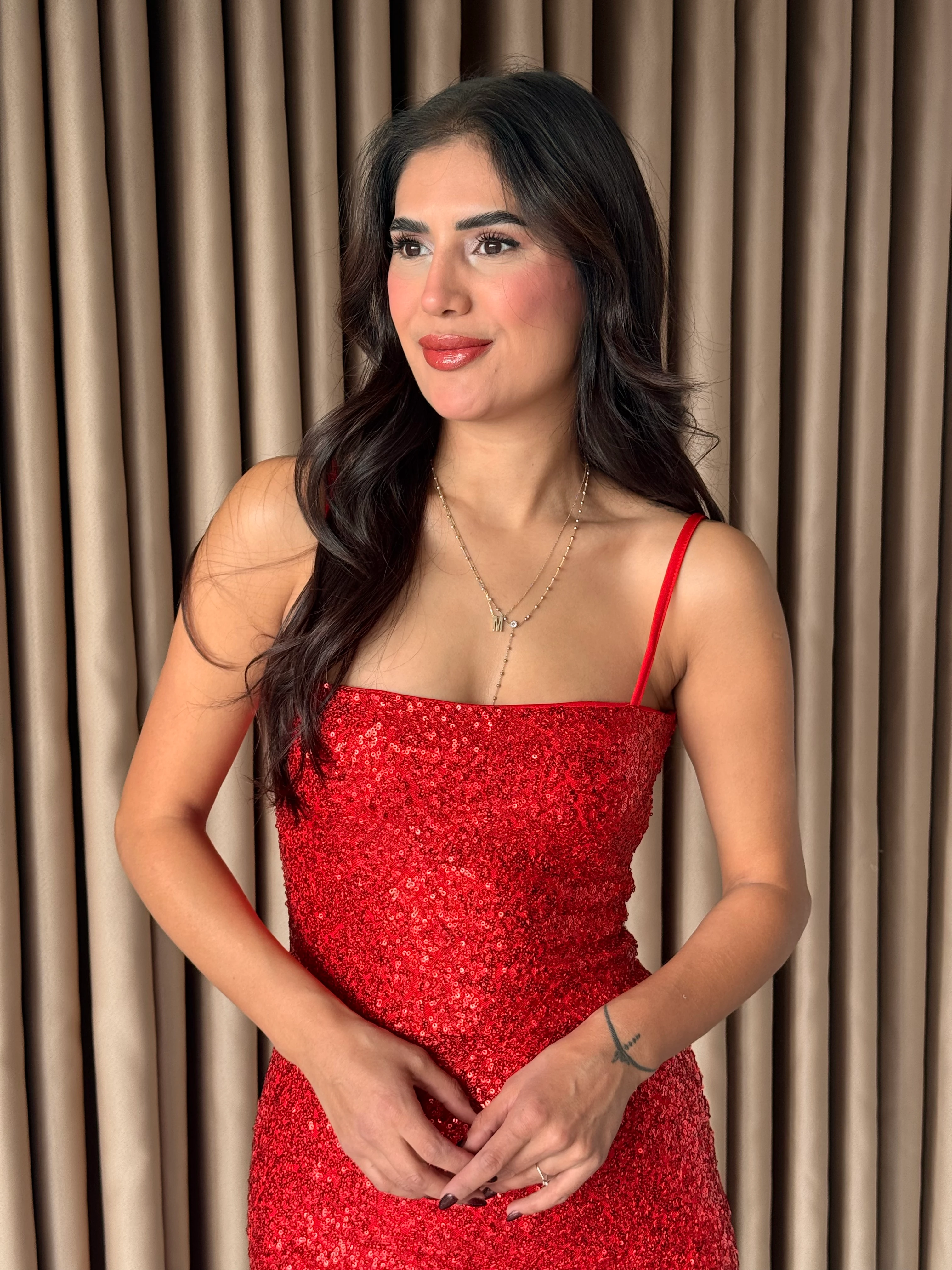 İp Askılı Pullu Kırmızı Midi Elbise