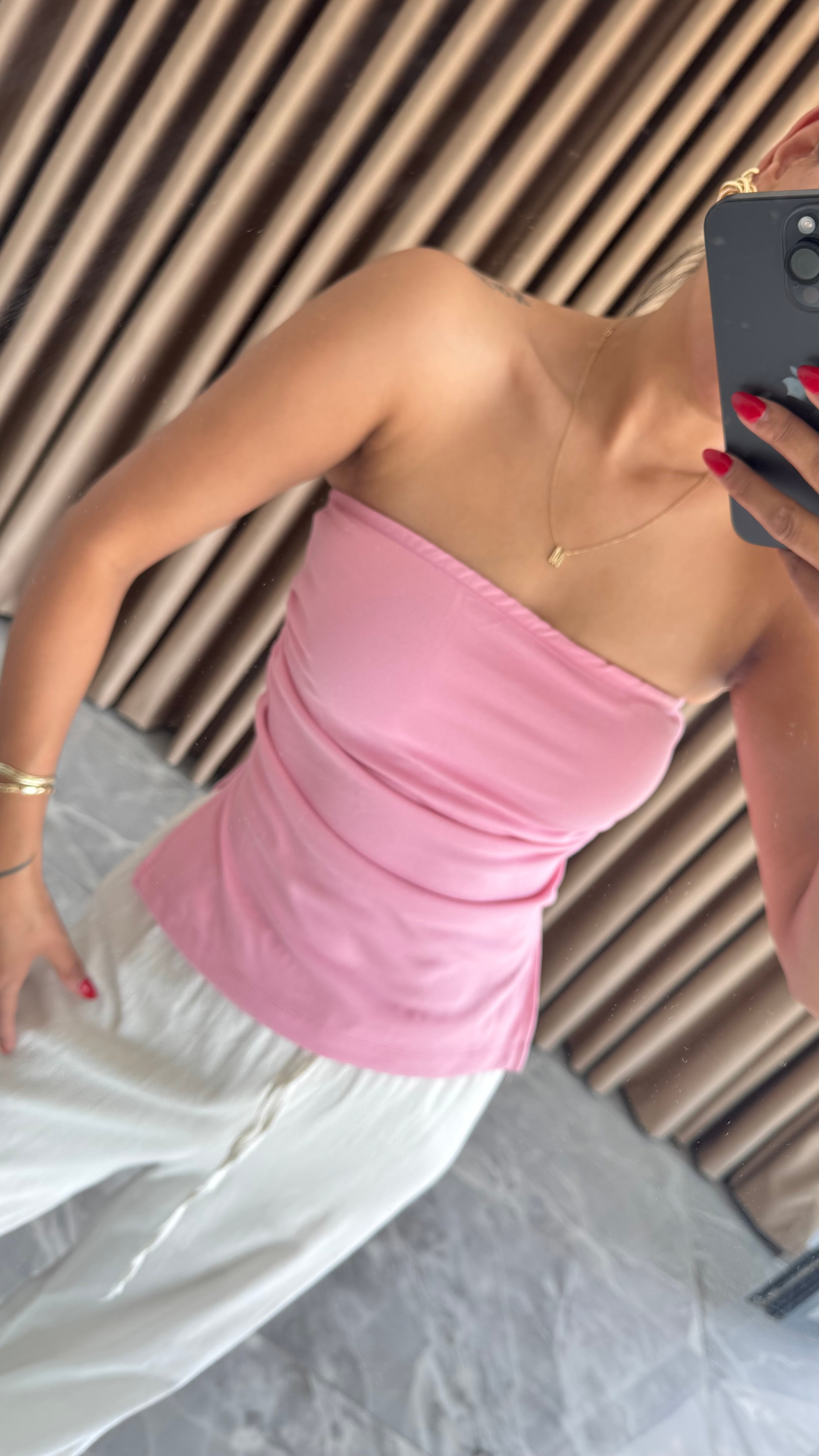 PEMBE STRAPLEZ YIRTMAÇLI BLUZ