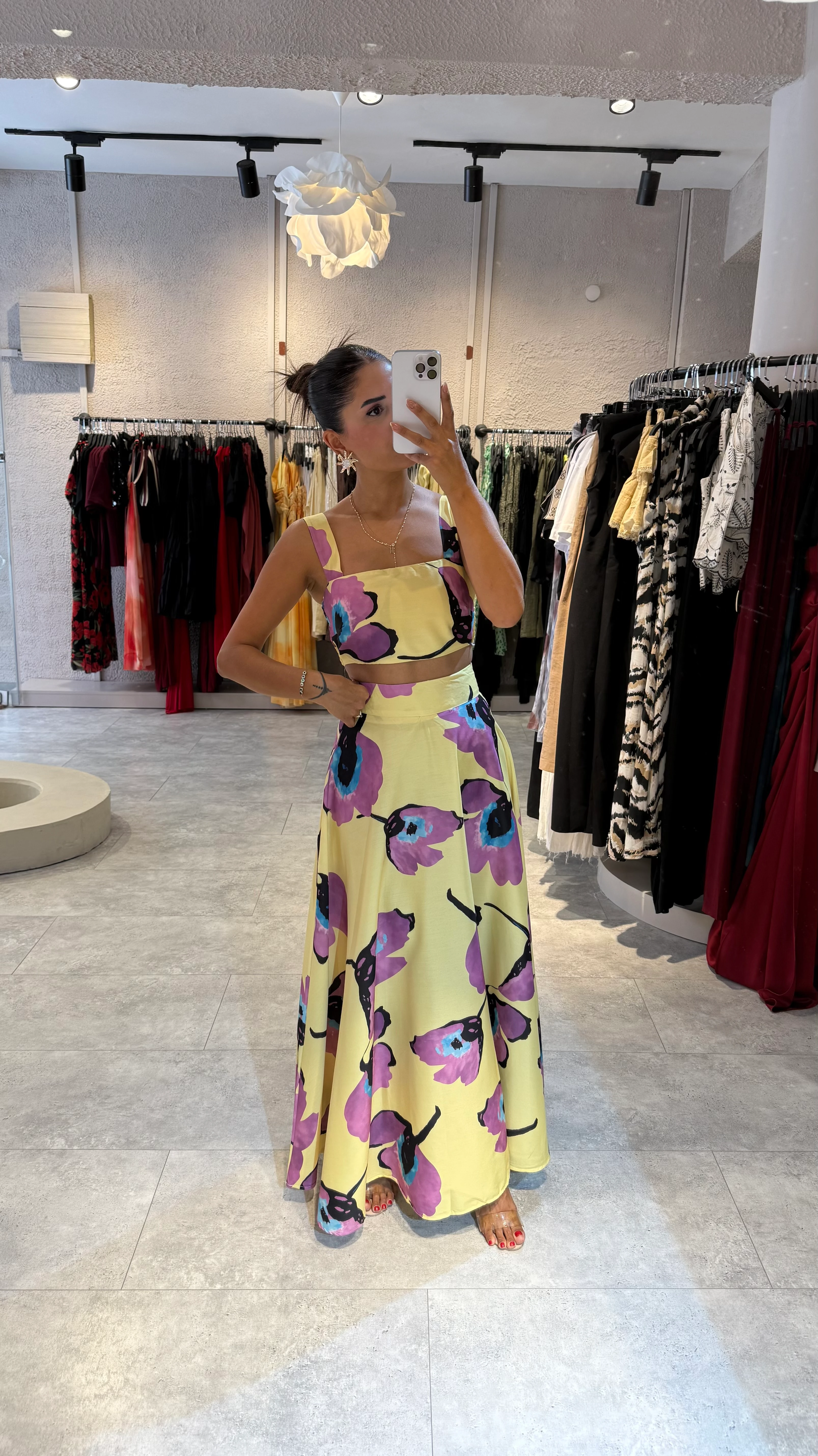 Mor Çiçek Desen Etekli Takım