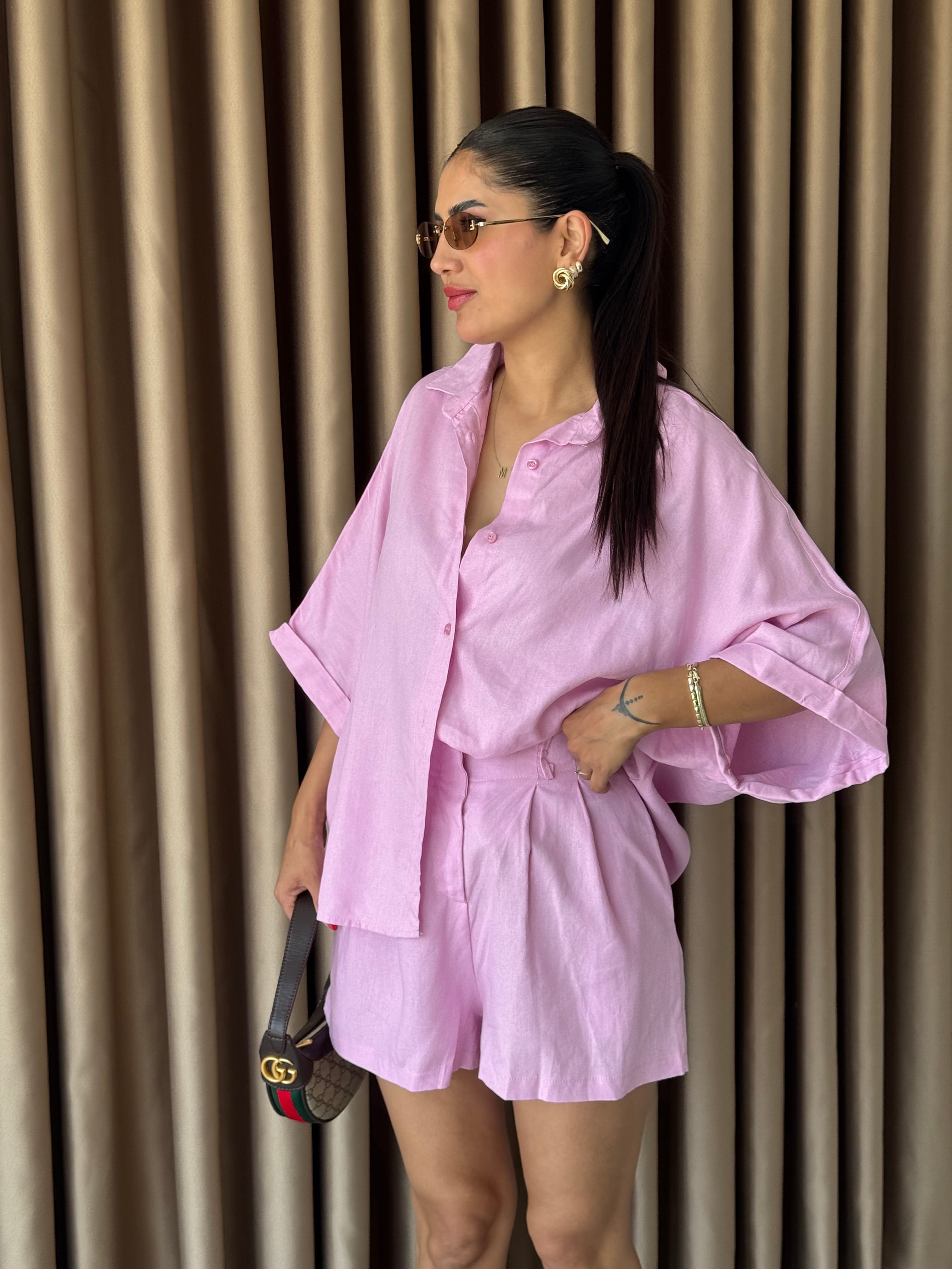 KETEN PEMBE ŞORTLU TAKIM