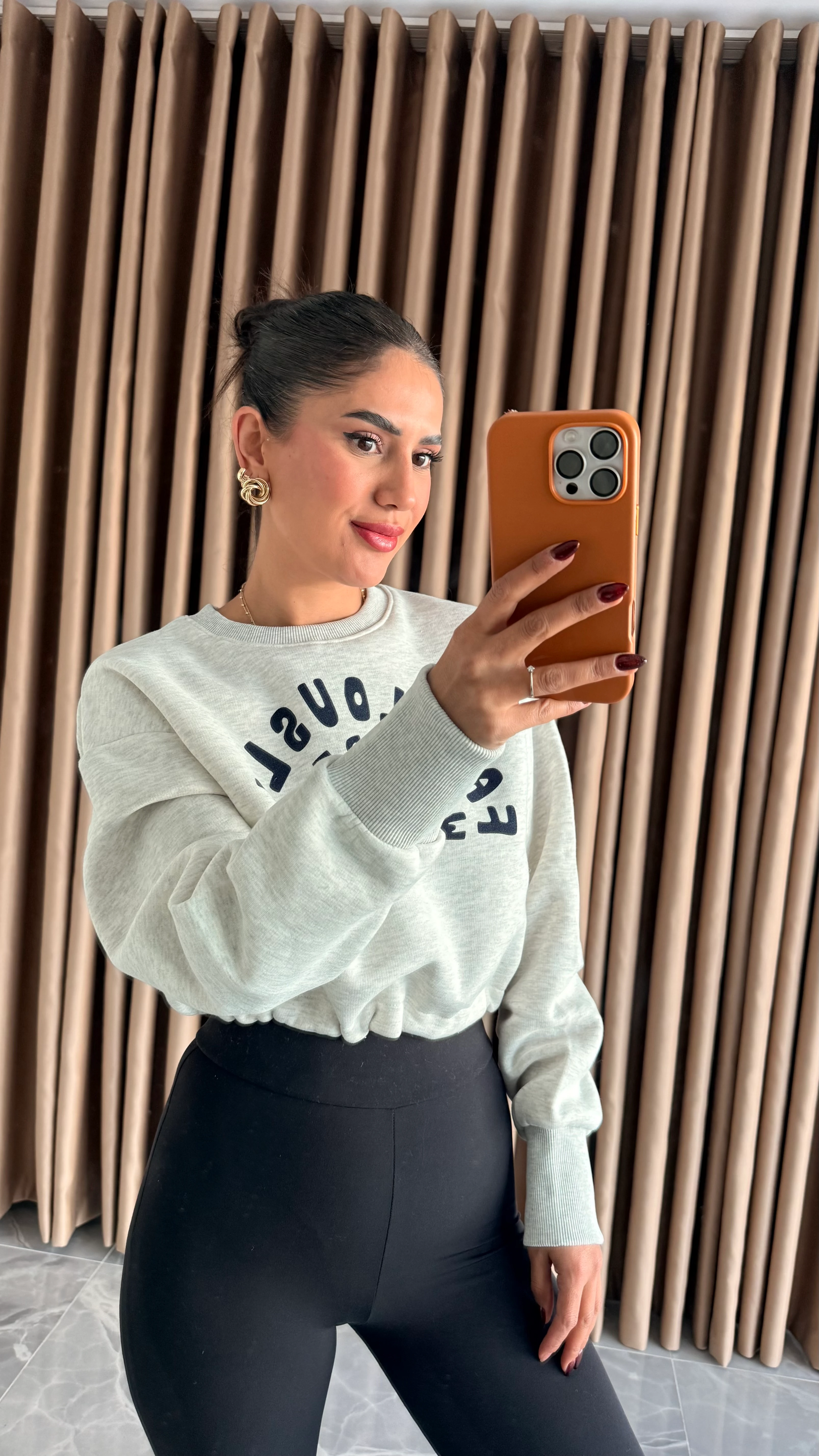 Gri Lacivert Baskılı Kısa Sweat