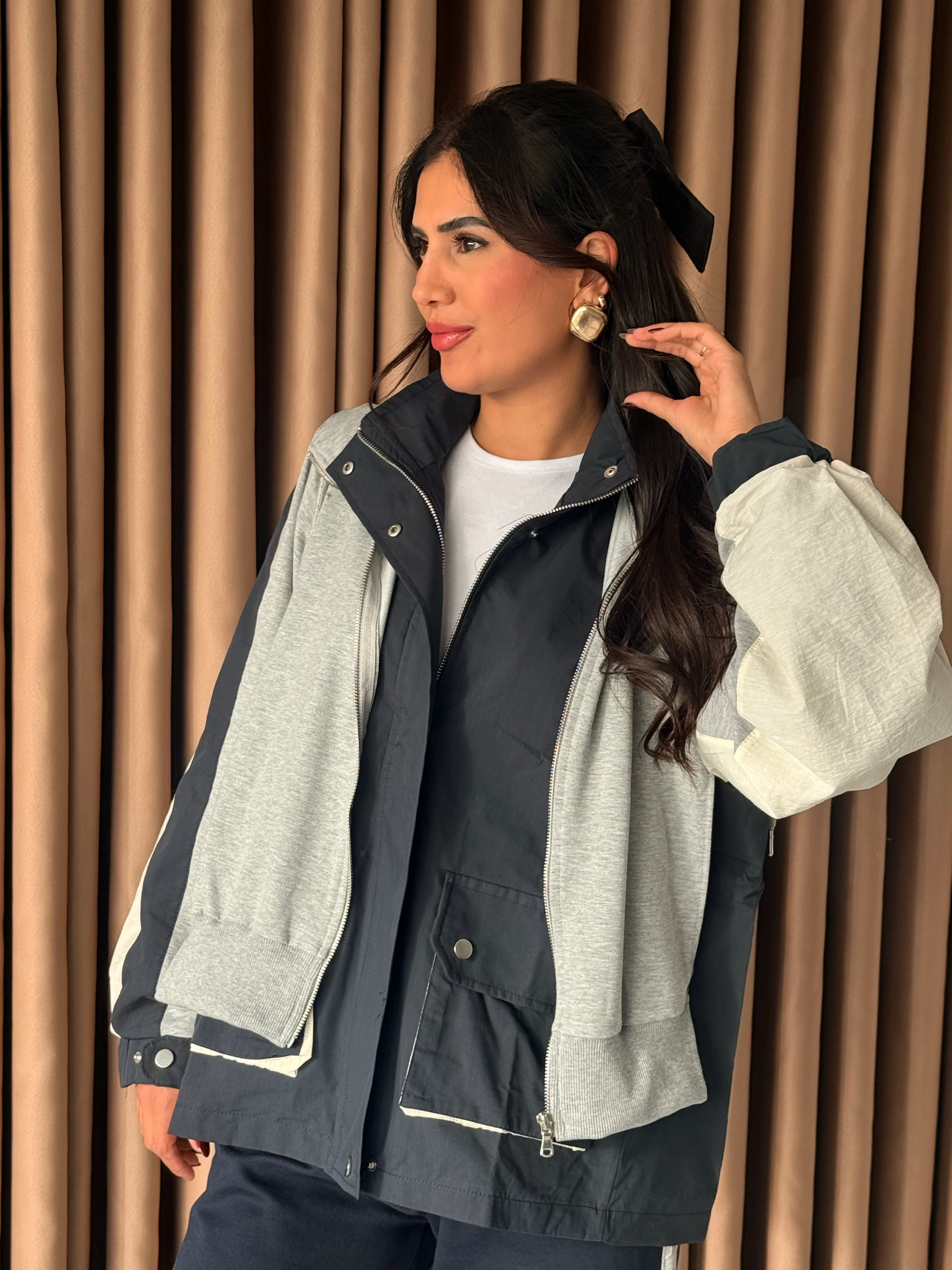 Lacivert Gri Kapşonlu Garnili Takım