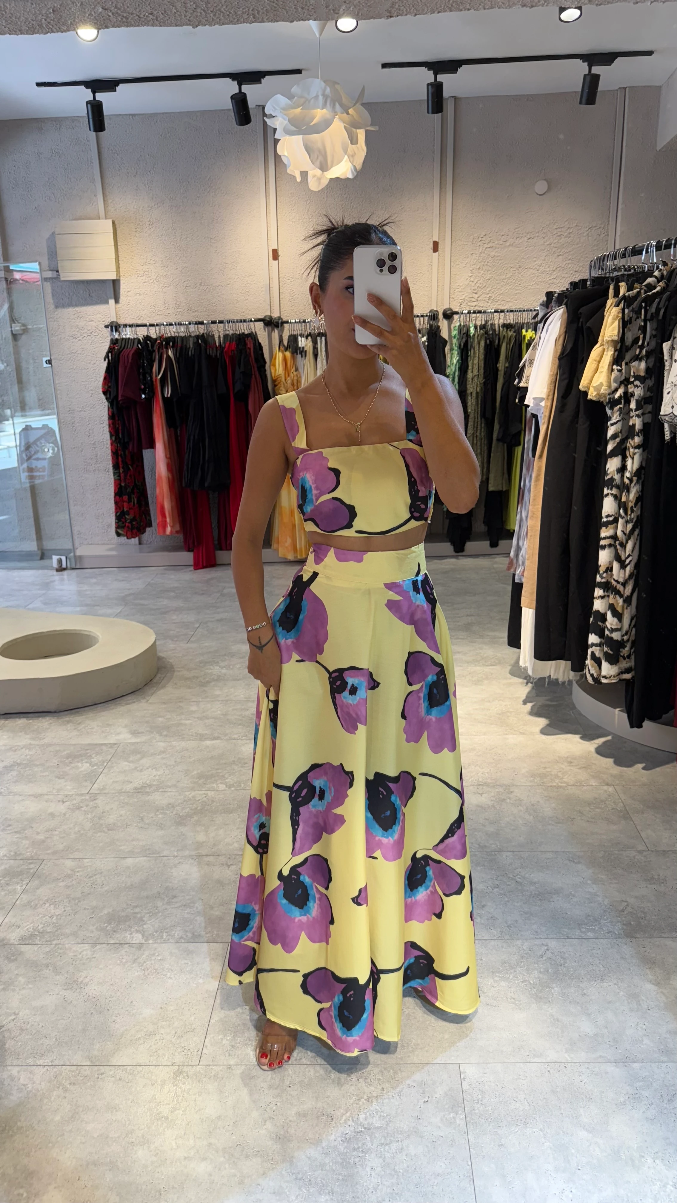 Mor Çiçek Desen Etekli Takım