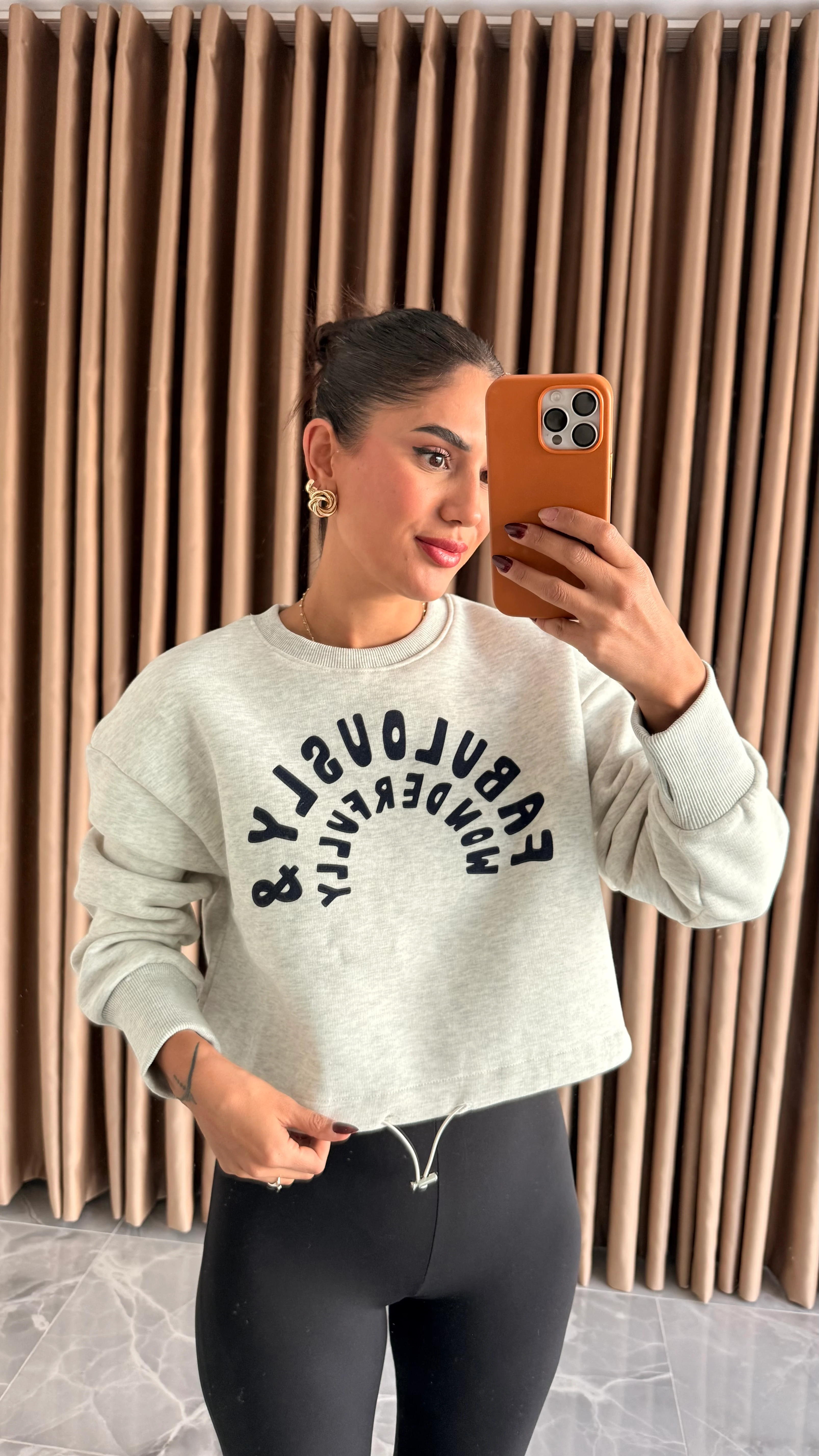 Gri Lacivert Baskılı Kısa Sweat