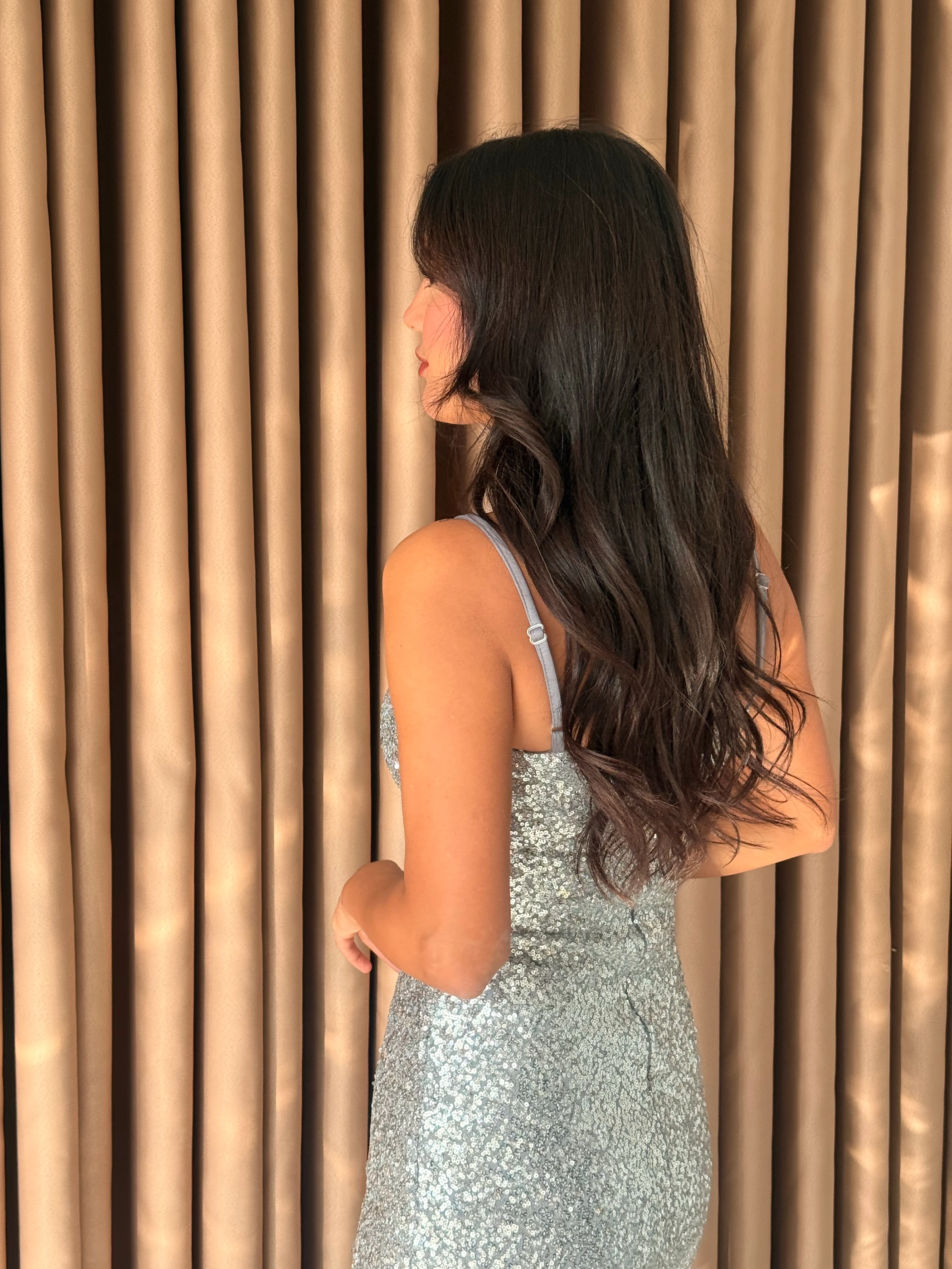 İp Askılı Pullu Gümüş Midi Elbise