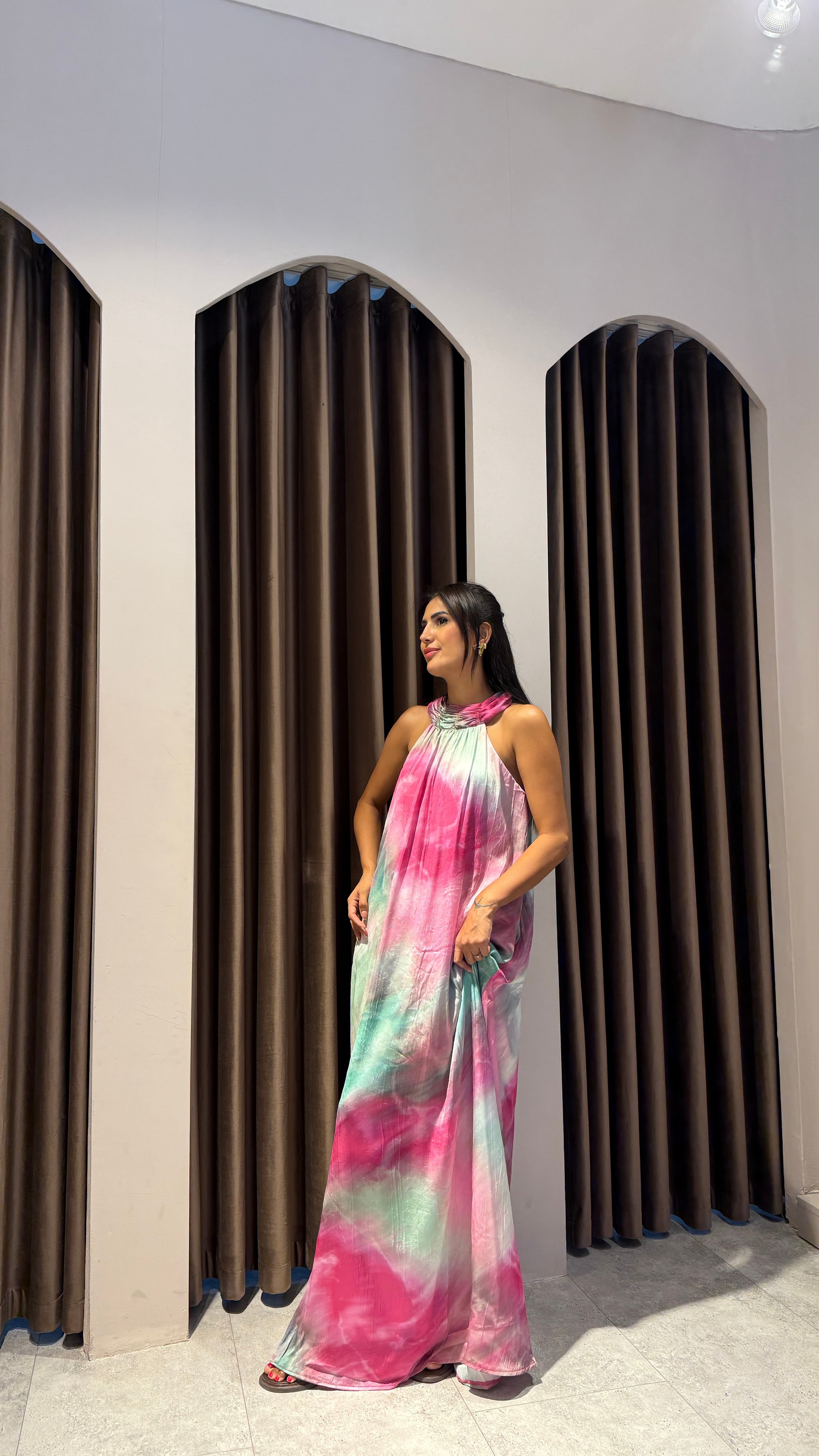 Halter Pembe Renkli Elbise