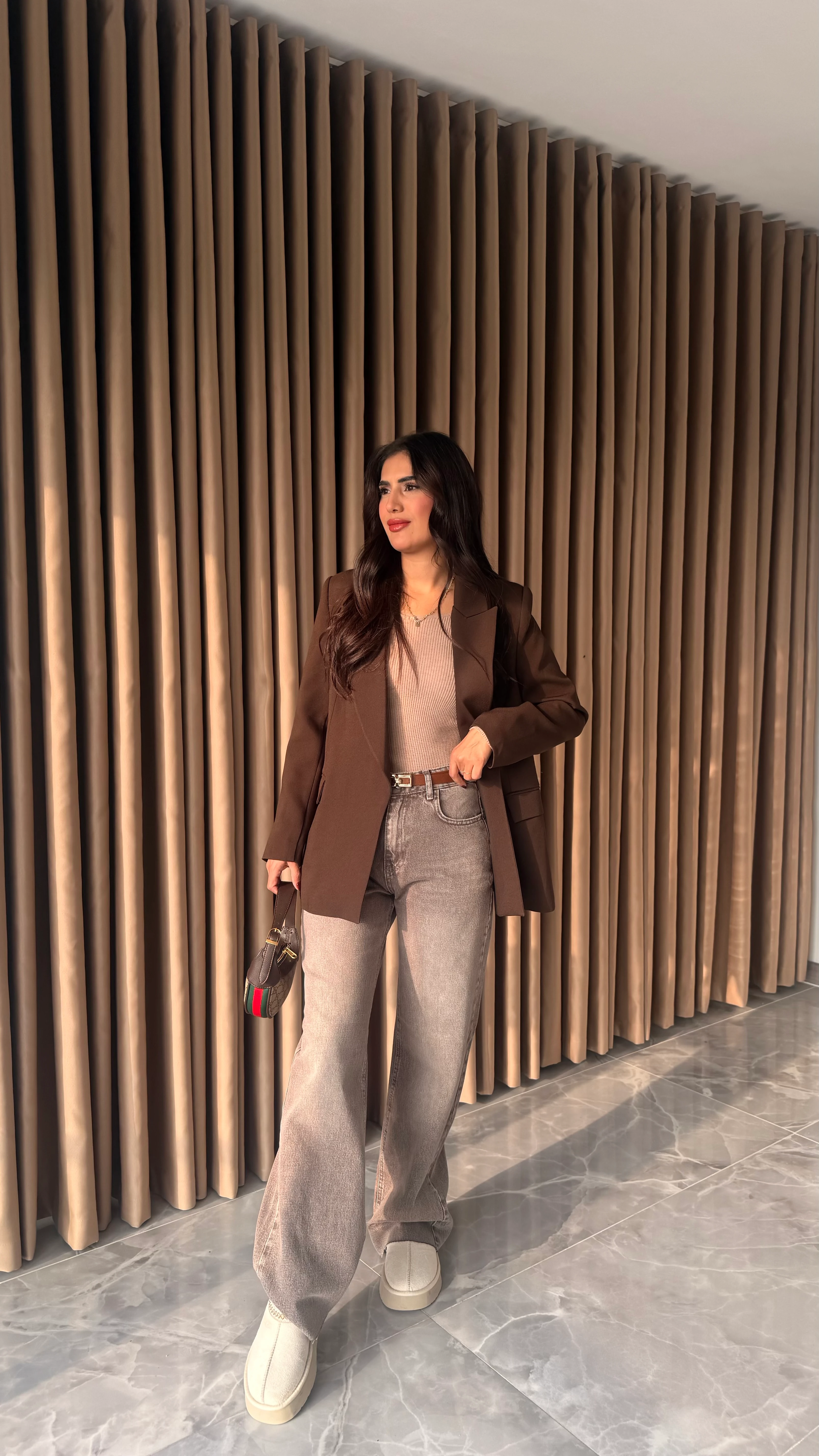 Astarı Çizgili Kahve Blazer Ceket