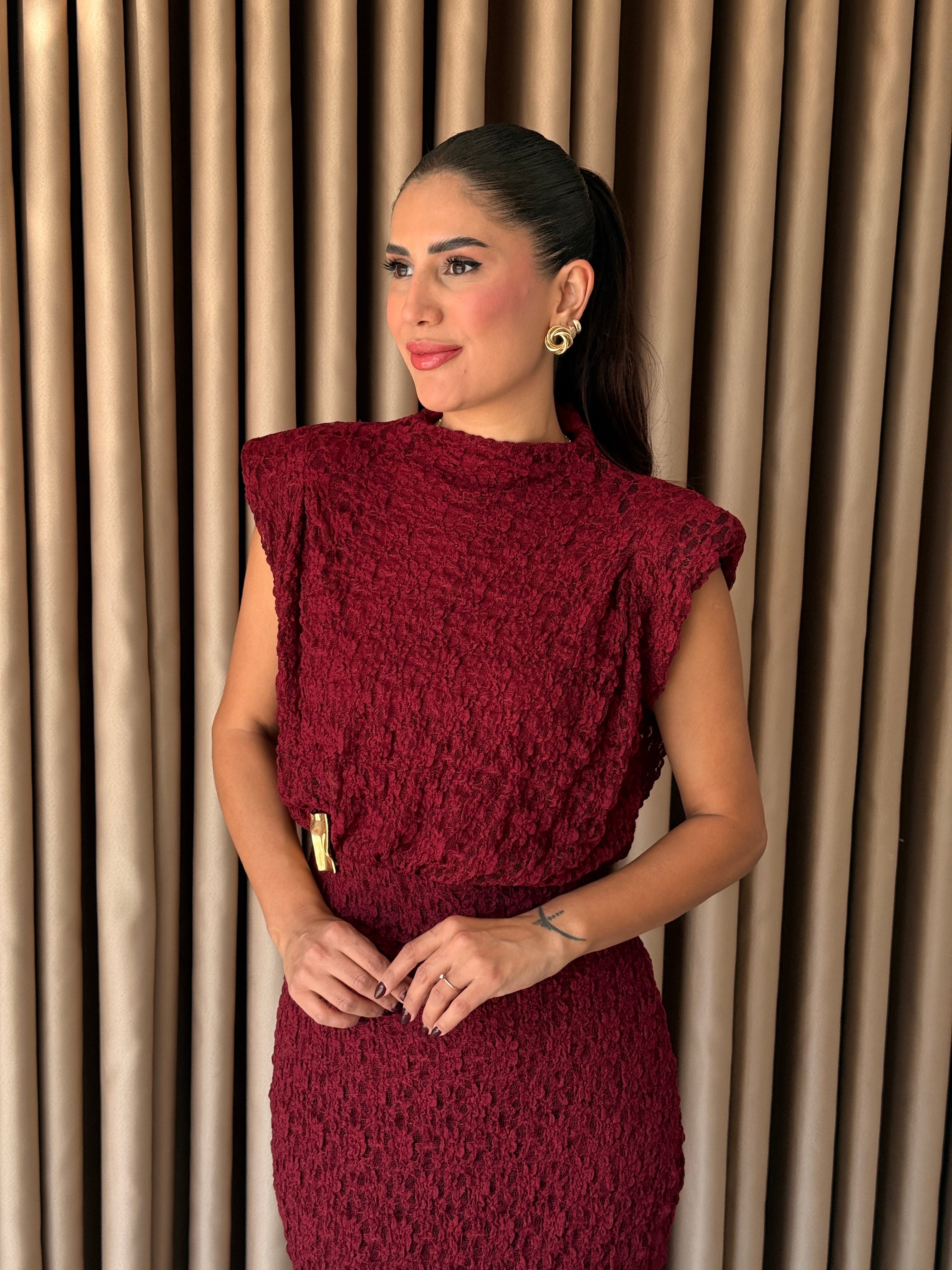 Dantel Bordo Tokalı Elbise