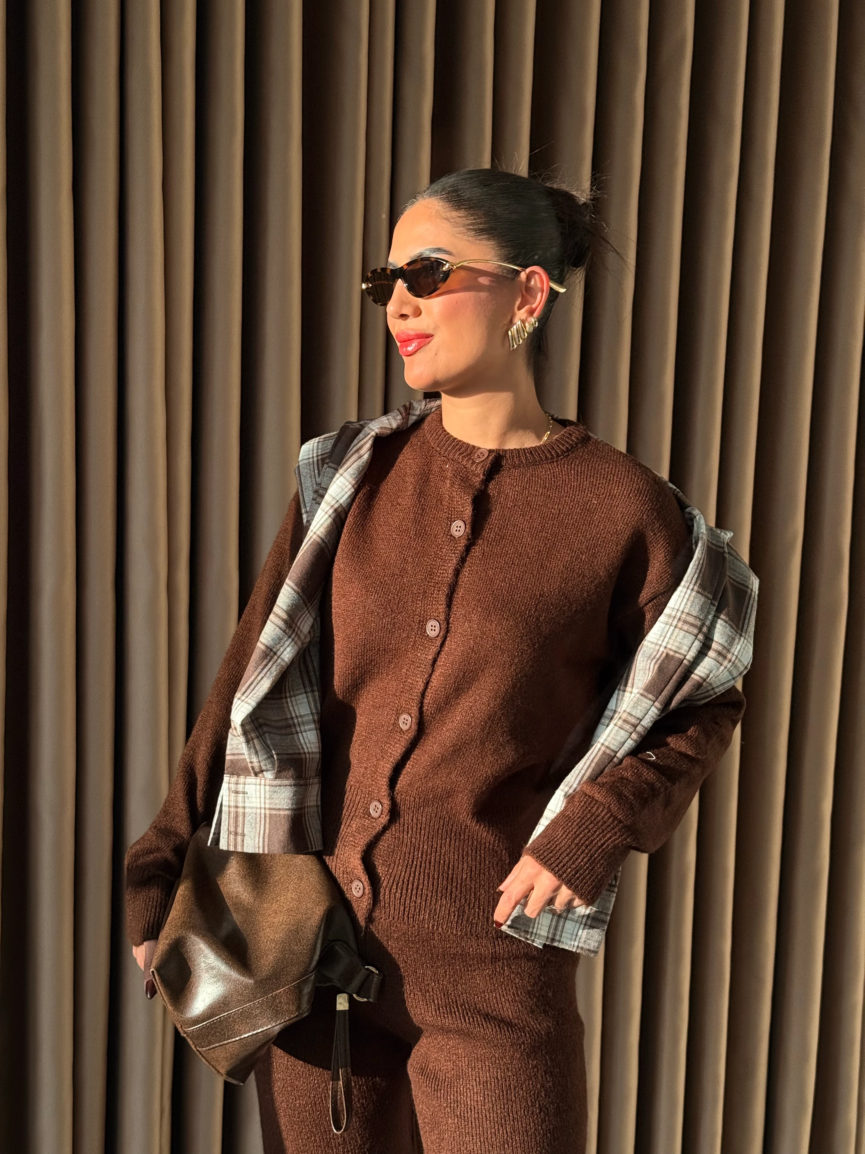 Kahve Düğmeli Triko Takım